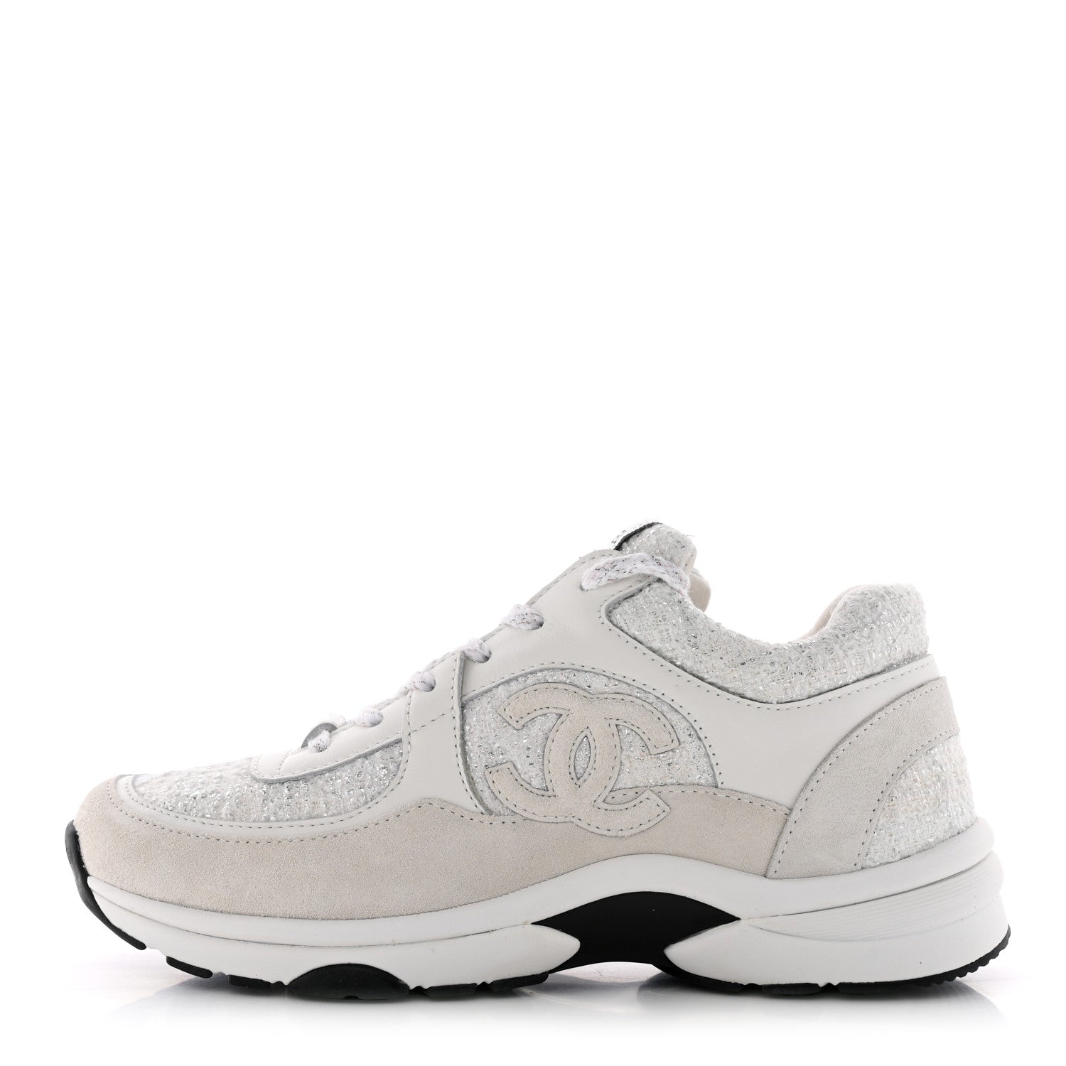 Chanel Painted Iridescent Cotton Tweed Suede Calfskin Womens CC Sneakers 37.5 White Silver Multicolor 1 of 13