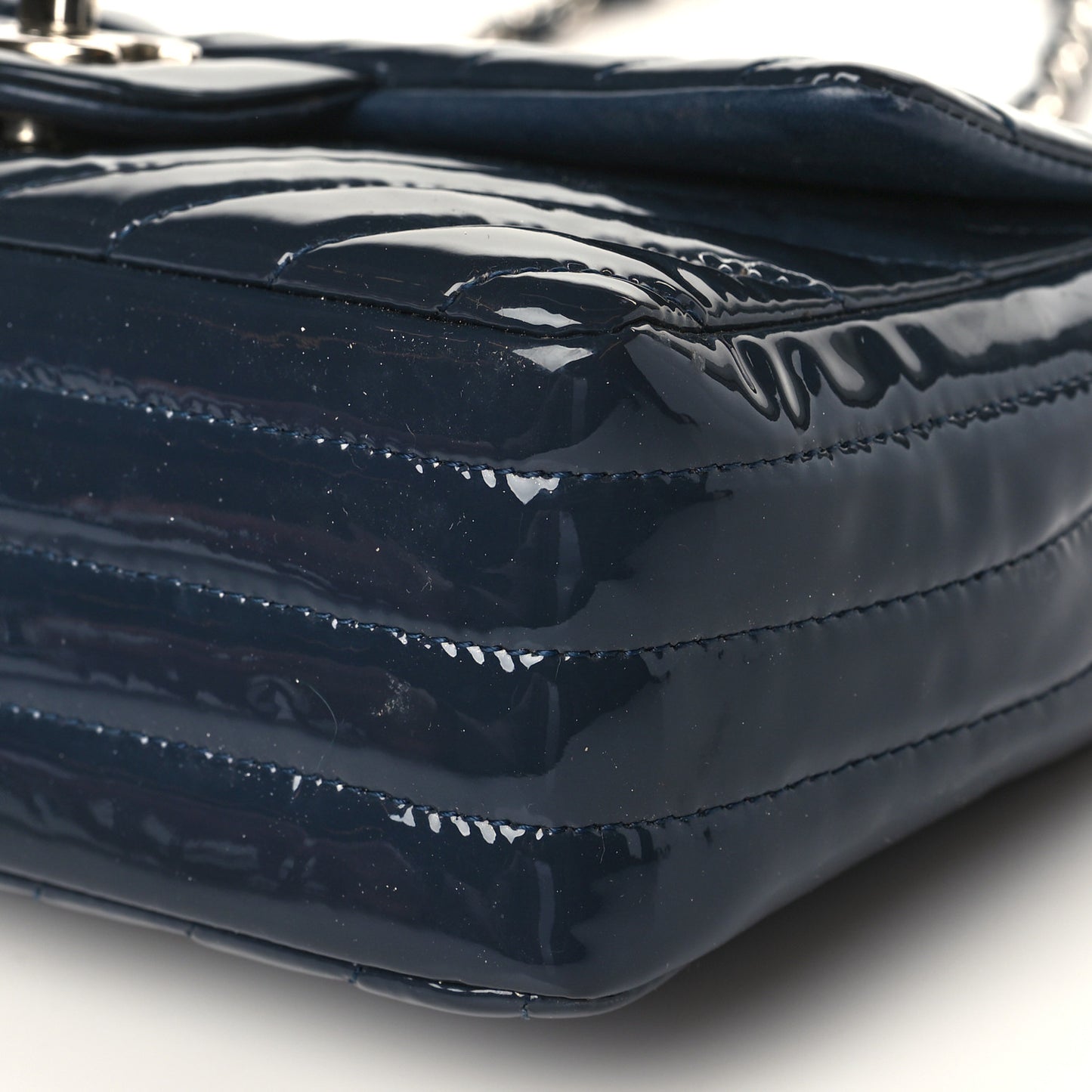 Patent Calfskin Chevron Quilted Mini Rectangular Flap Navy Blue