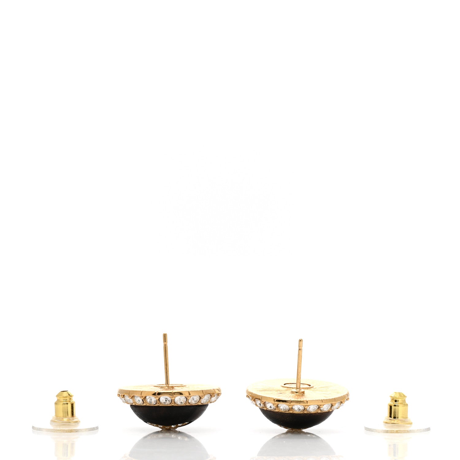 Chanel Metal Wood Crystal CC Round Earrings Gold Brown 3 of 4