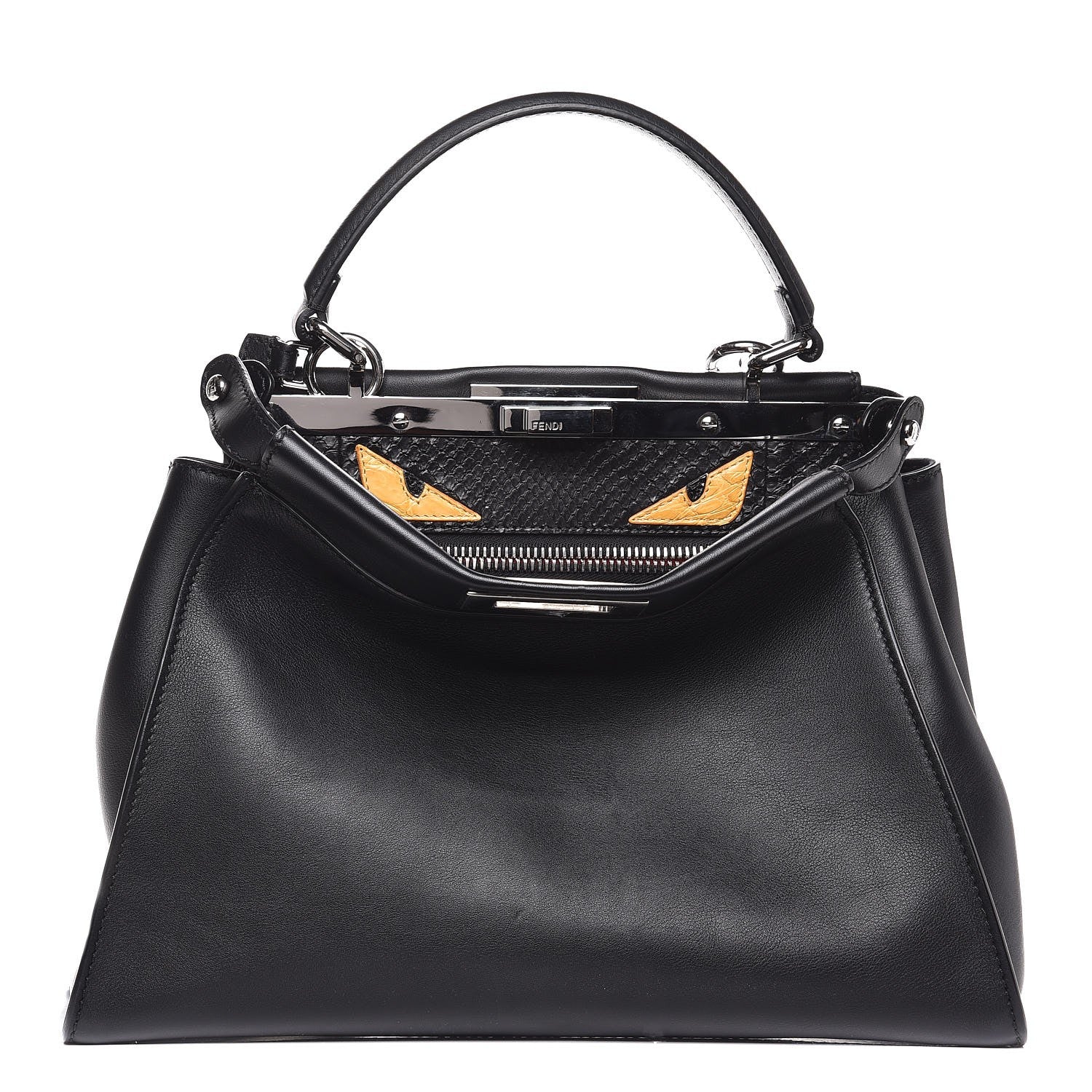 Fendi Vitello Seta Python Crocodile Monster Eyes Medium Peekaboo Iconic Satchel Black Girasole 1 of 9
