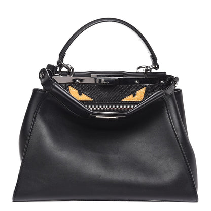 Fendi Vitello Seta Python Crocodile Monster Eyes Medium Peekaboo Iconic Satchel Black Girasole 1 of 9