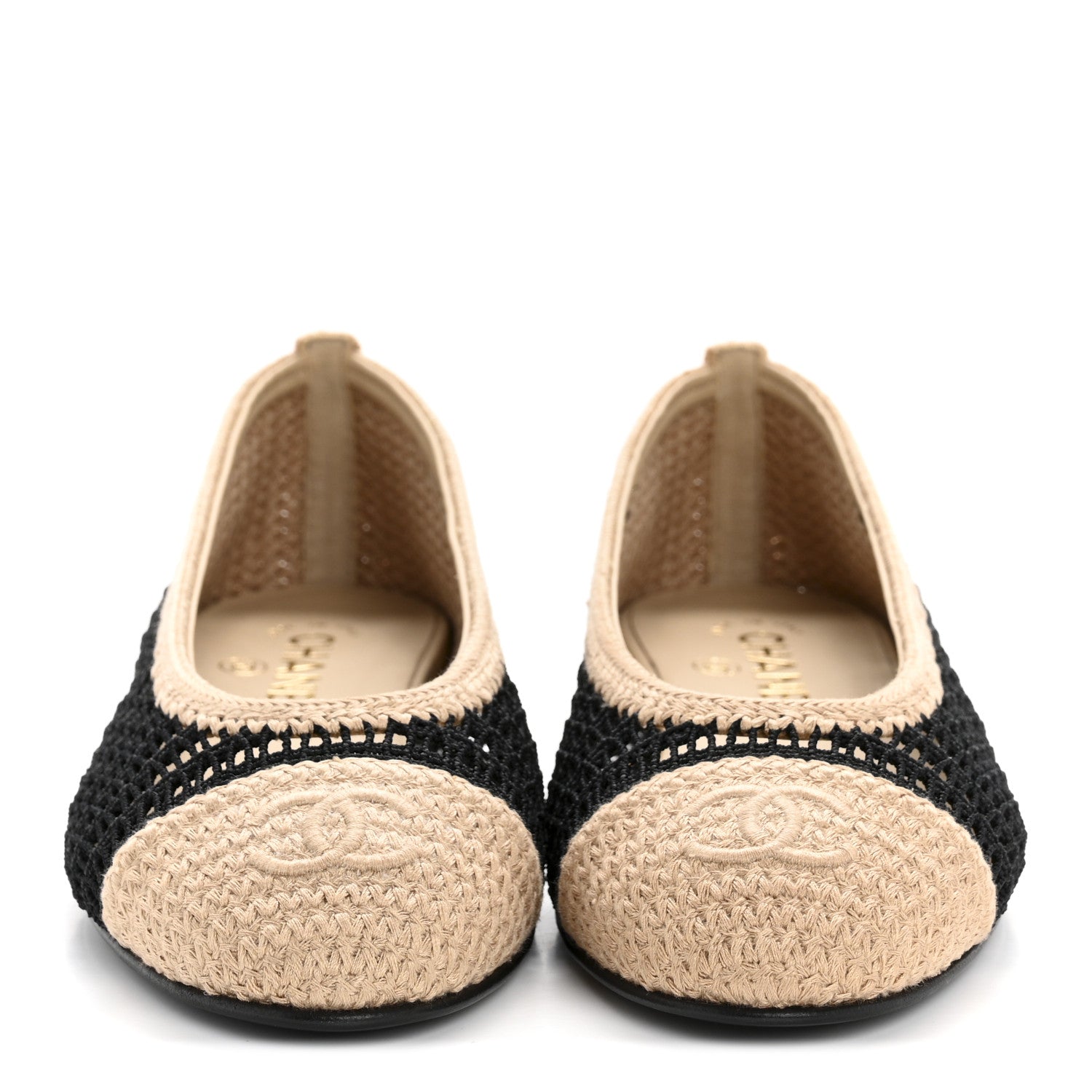 Chanel Raffia Cap Toe Ballerina Flats 38 Black Beige 3 of 10