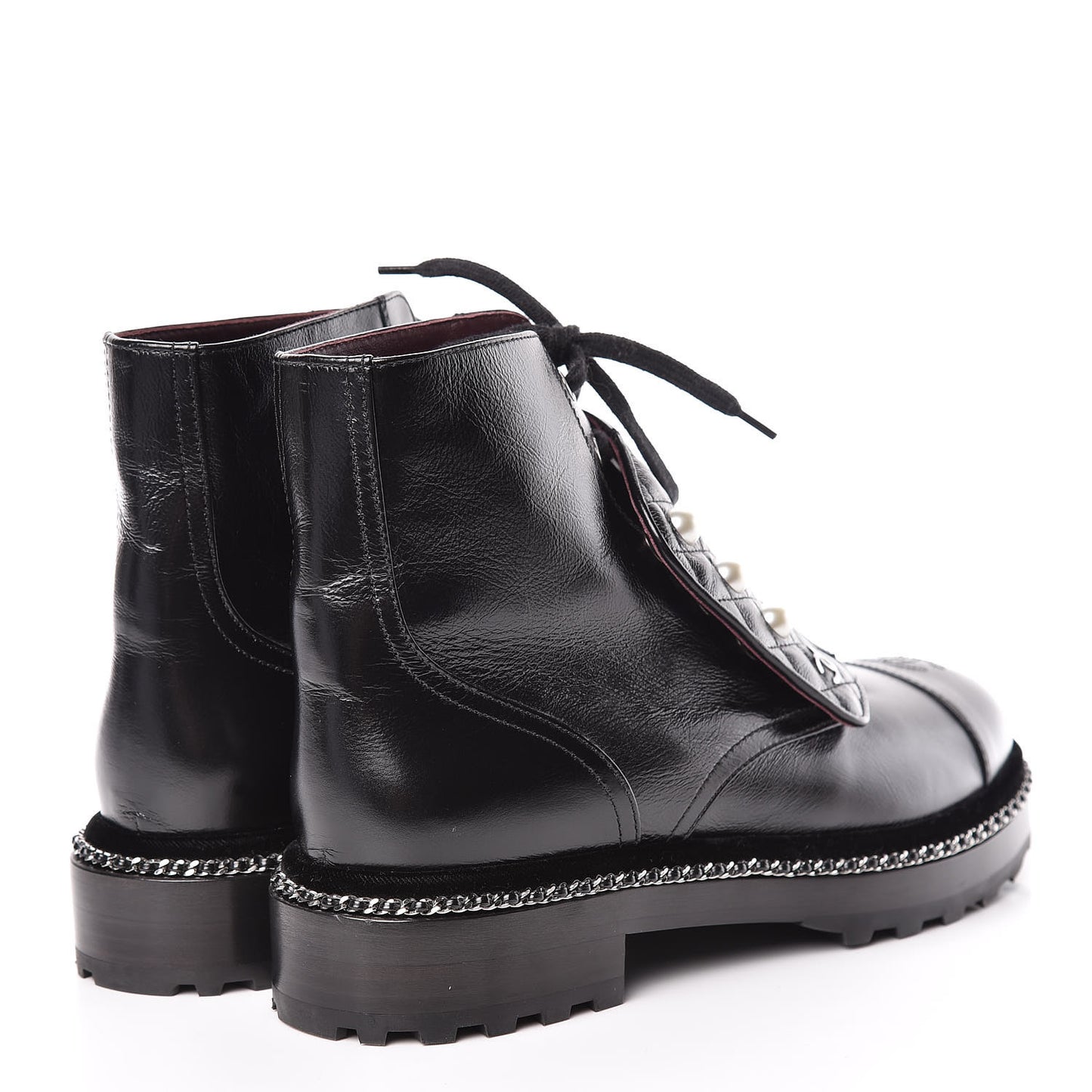 Crackled Calfskin Velvet Pearl Combat Short Boots 40 Black