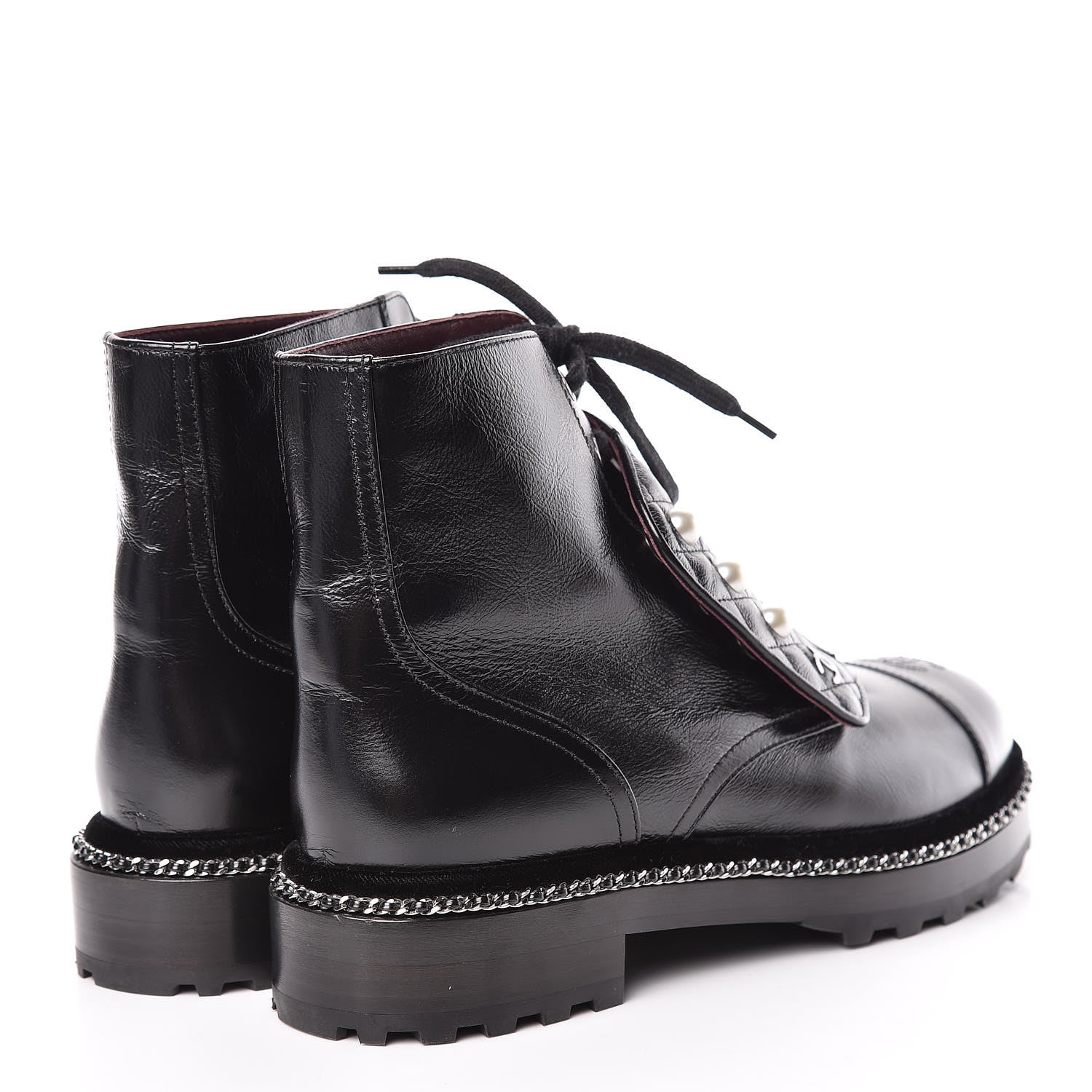 Chanel Crackled Calfskin Velvet Pearl Combat Short Boots 40 Black 4 of 8
