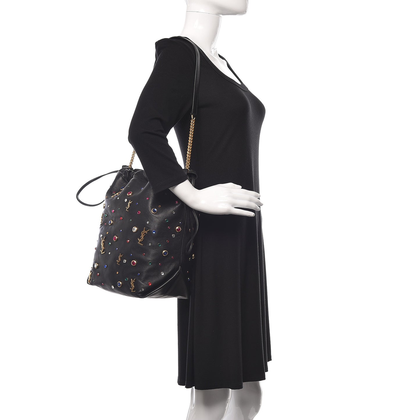 Lambskin Charm Studded Teddy Drawstring Bag Black