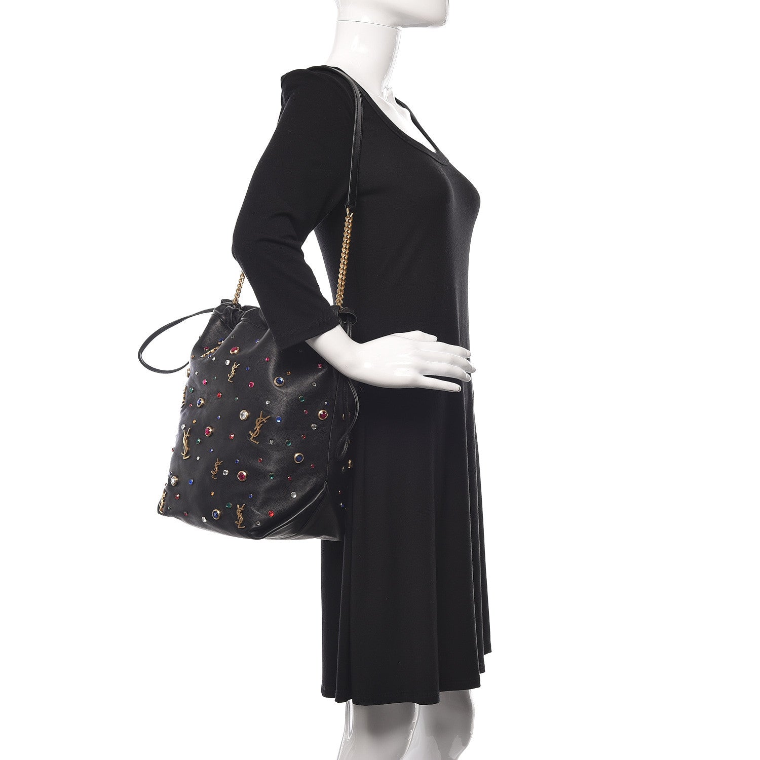Saint Laurent Lambskin Charm Studded Teddy Drawstring Bag Black 2 of 10