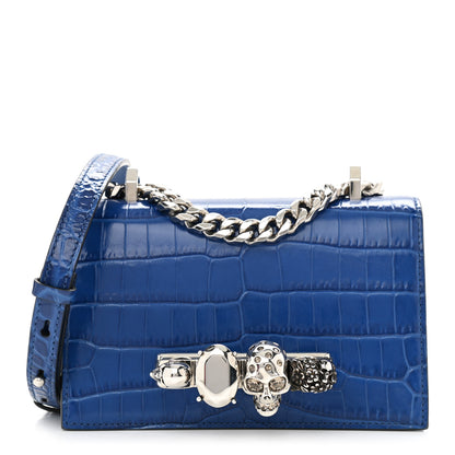 Alexander McQueen Calfskin Crocodile Embossed Knuckle Shoulder Bag Blue 1 of 12