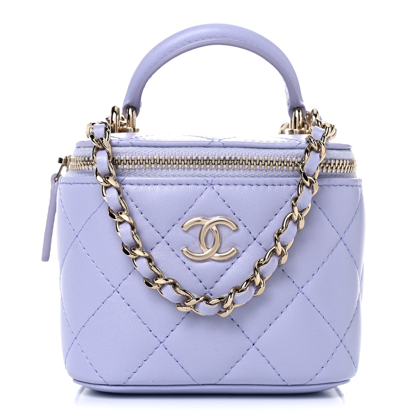 Lambskin Quilted Top Handle Mini Vanity Case With Chain Light Purple