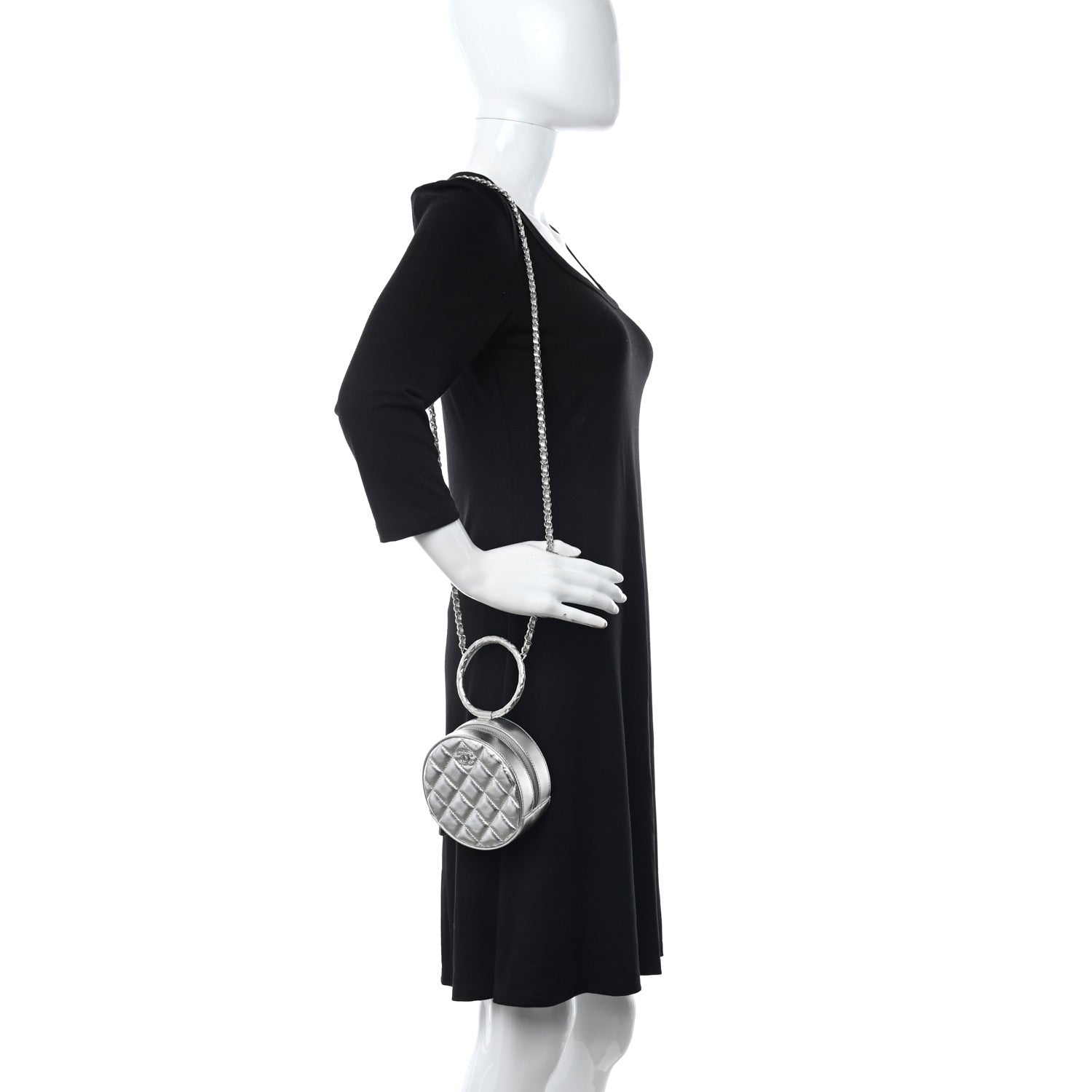 Chanel Metallic Calfskin Quilted Round Bracelet Clutch With Chain Silver 2 of 10
