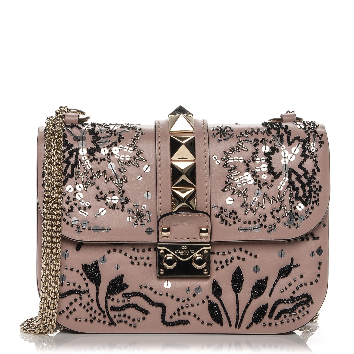 Vitello Beaded Small Glam Lock Rockstud Flap Poudre