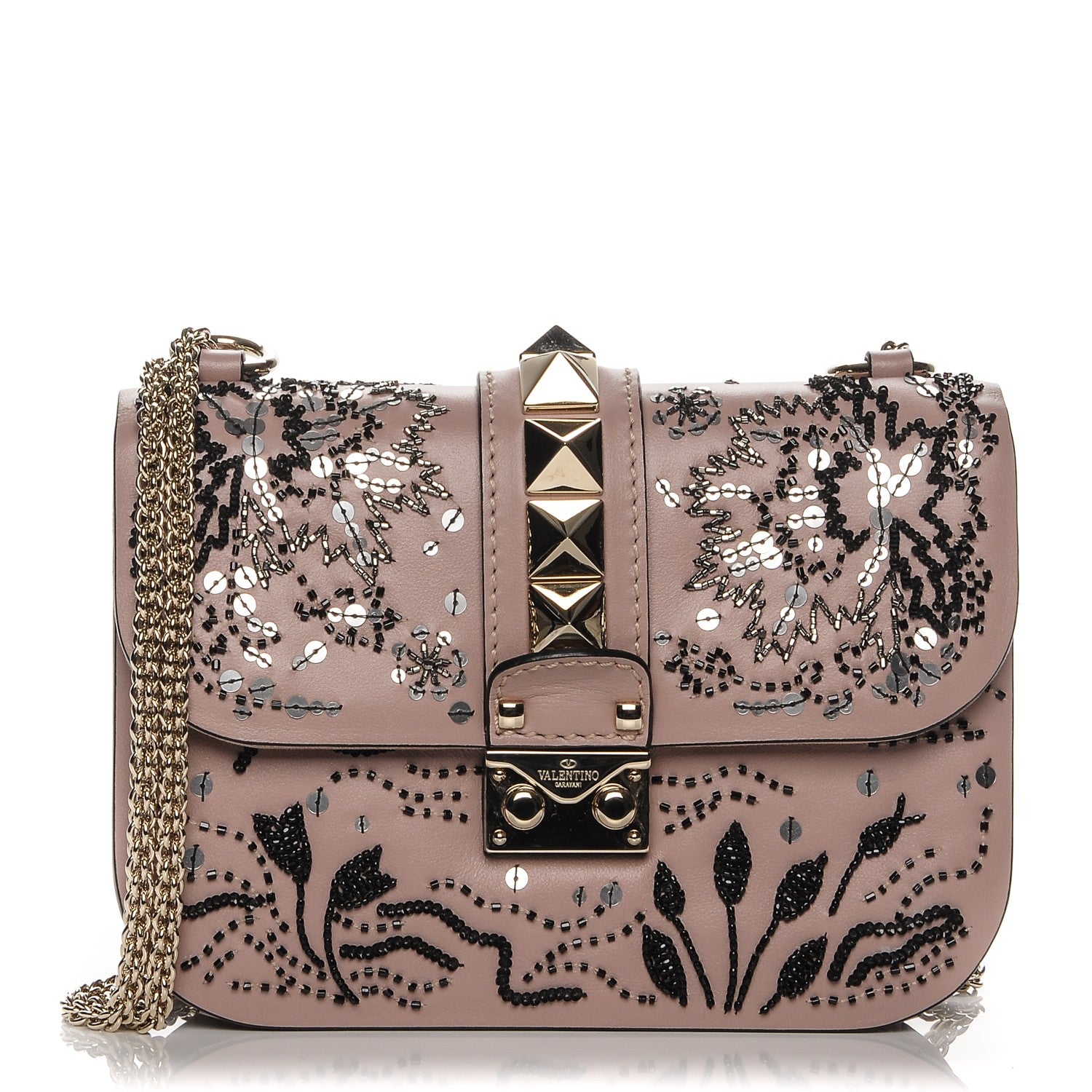 Valentino Garavani Vitello Beaded Small Glam Lock Rockstud Flap Poudre 1 of 8