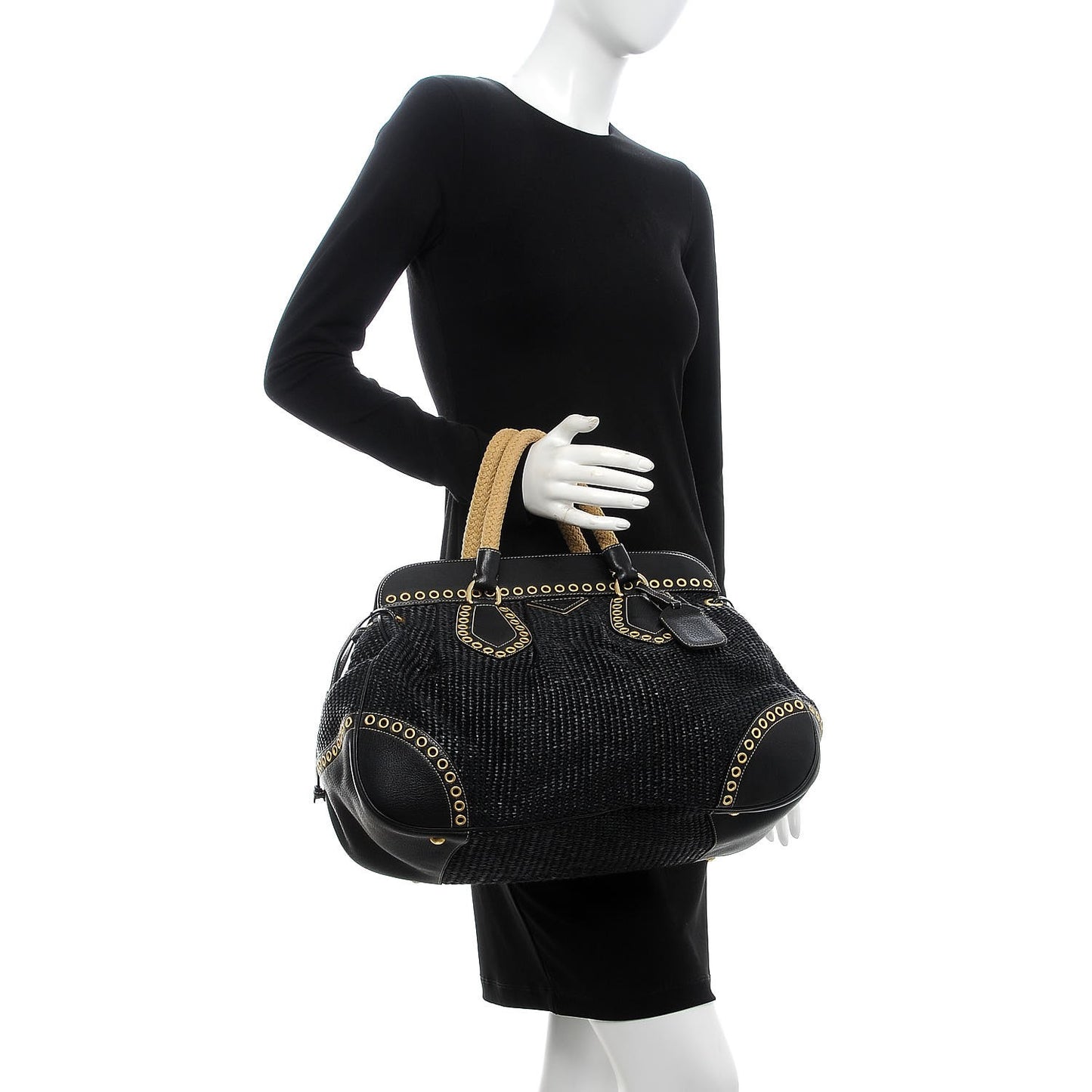 Straw Vitello Daino Shopping Tote Black