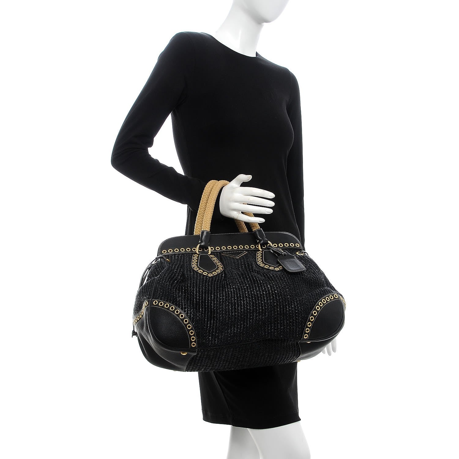 Prada Straw Vitello Daino Shopping Tote Black 2 of 7