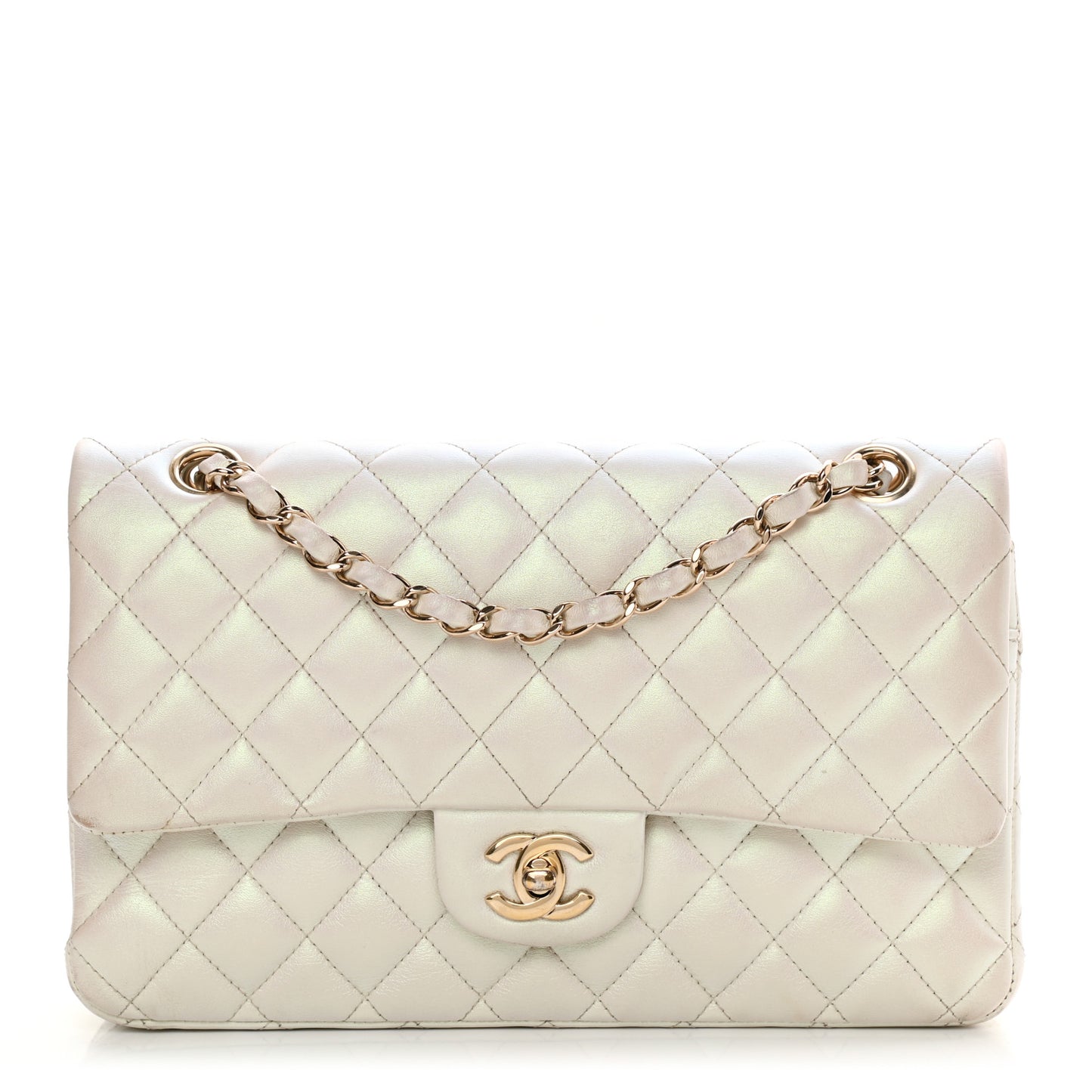 Iridescent Calfskin Quilted Medium Double Flap White