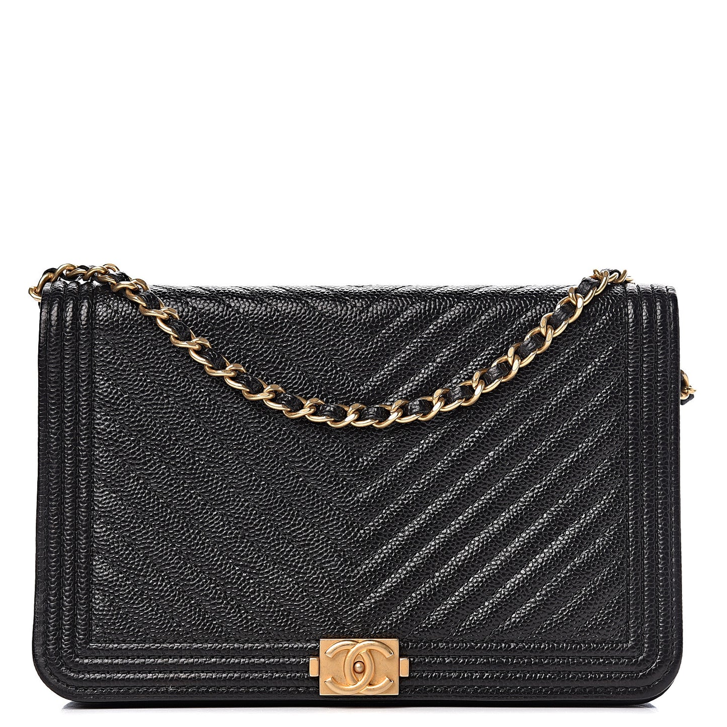 Caviar Chevron Quilted Boy Wallet On Chain WOC Black