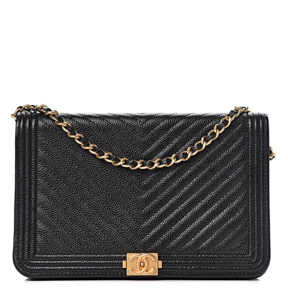 Chanel Caviar Chevron Quilted Boy Wallet On Chain WOC Black 1 of 15