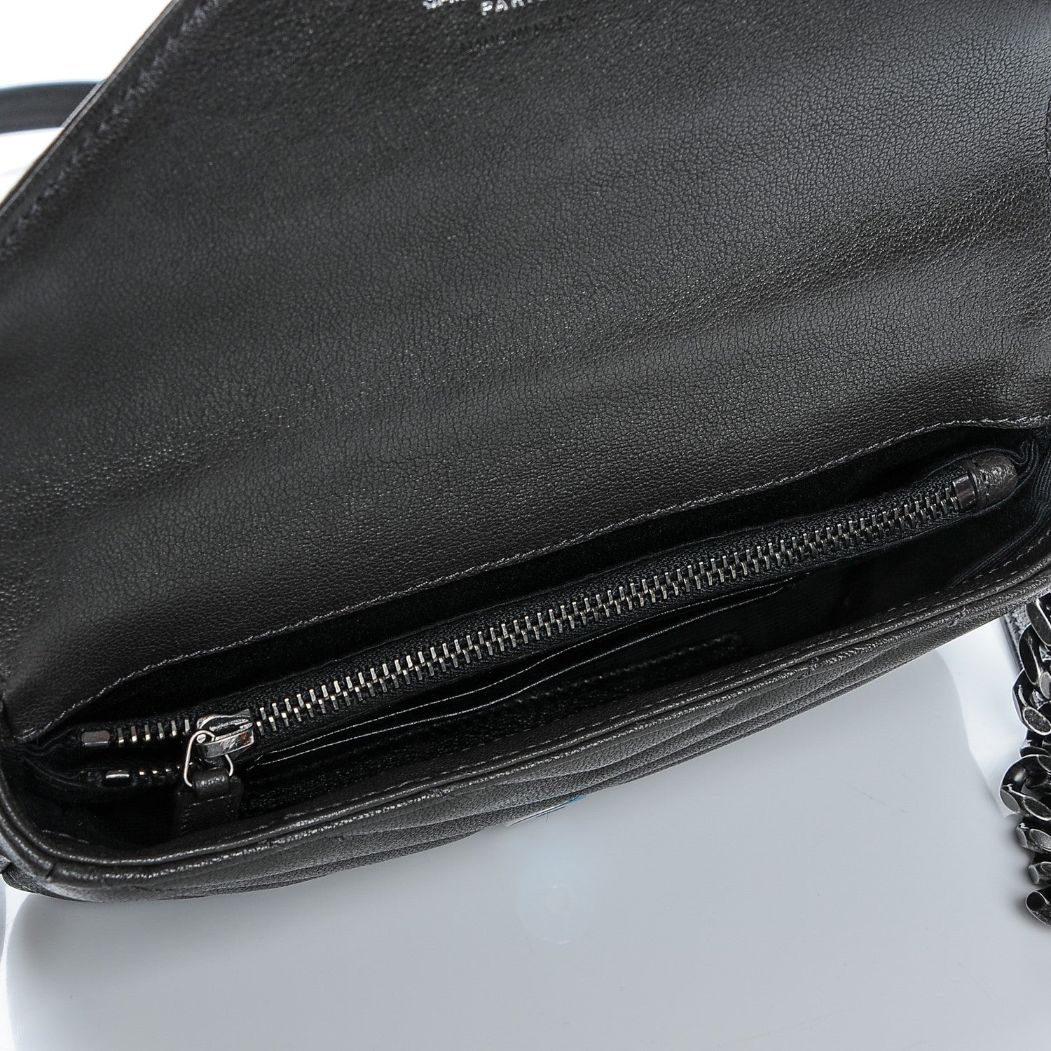 Saint Laurent Sheepskin Matelasse Chevron Monogram College Chain Wallet Coal 6 of 6
