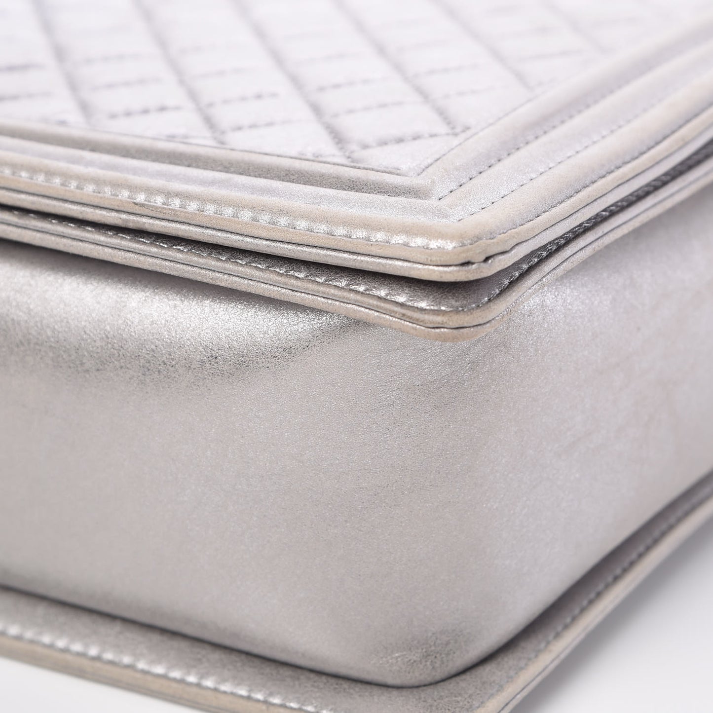 Metallic Calfskin Quilted Large Boy Flap Silver