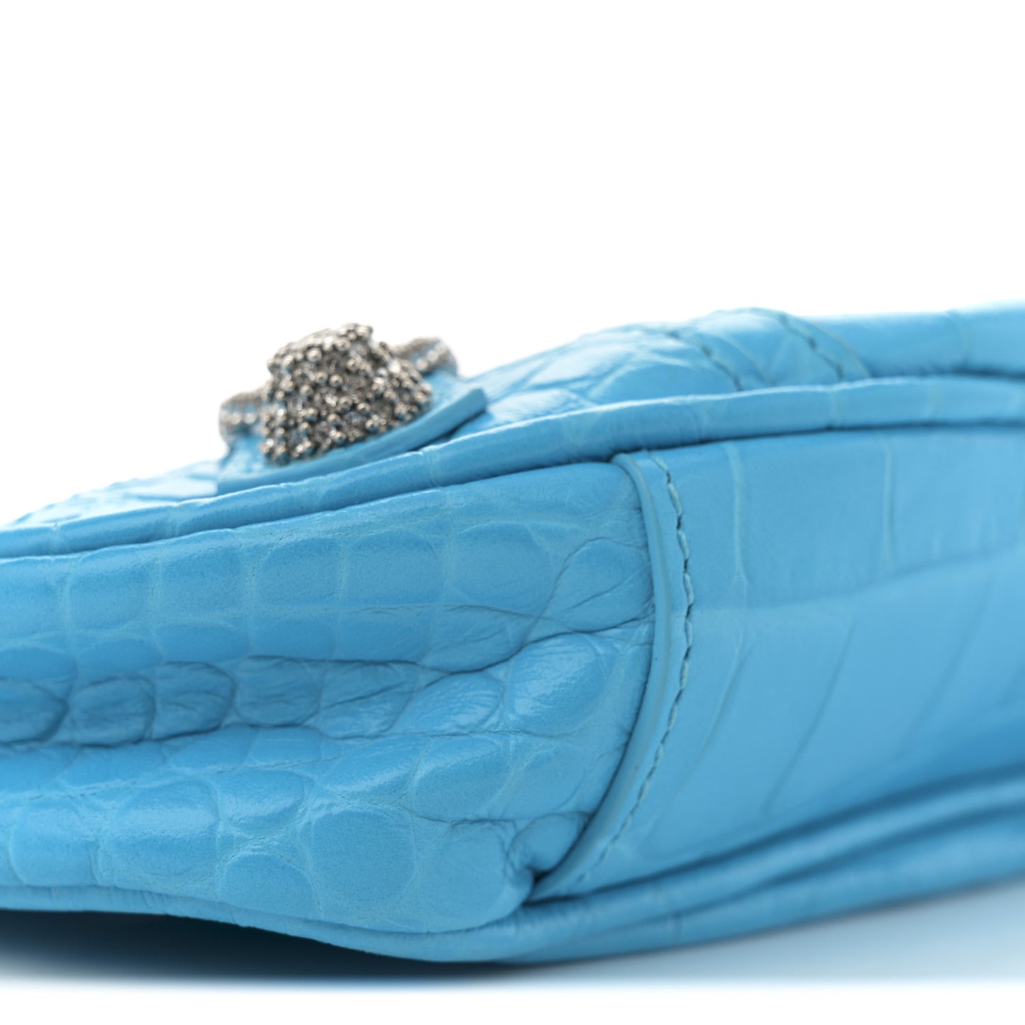 Extra Supple Calfskin Crocodile Embossed Crystal Mini Le Cagole Purse With Chain Cyan