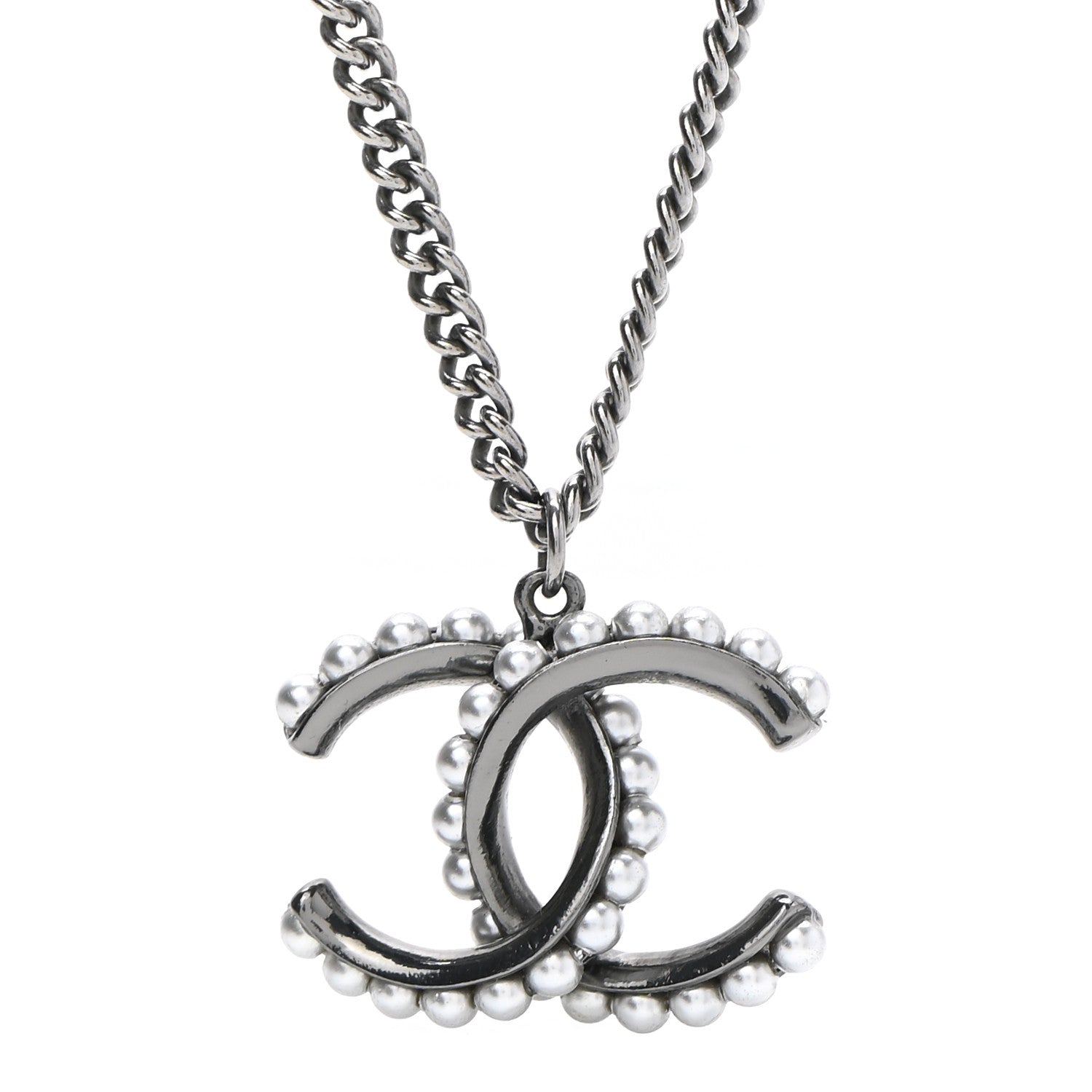Chanel Pearl CC Pendant Necklace Silver 3 of 6