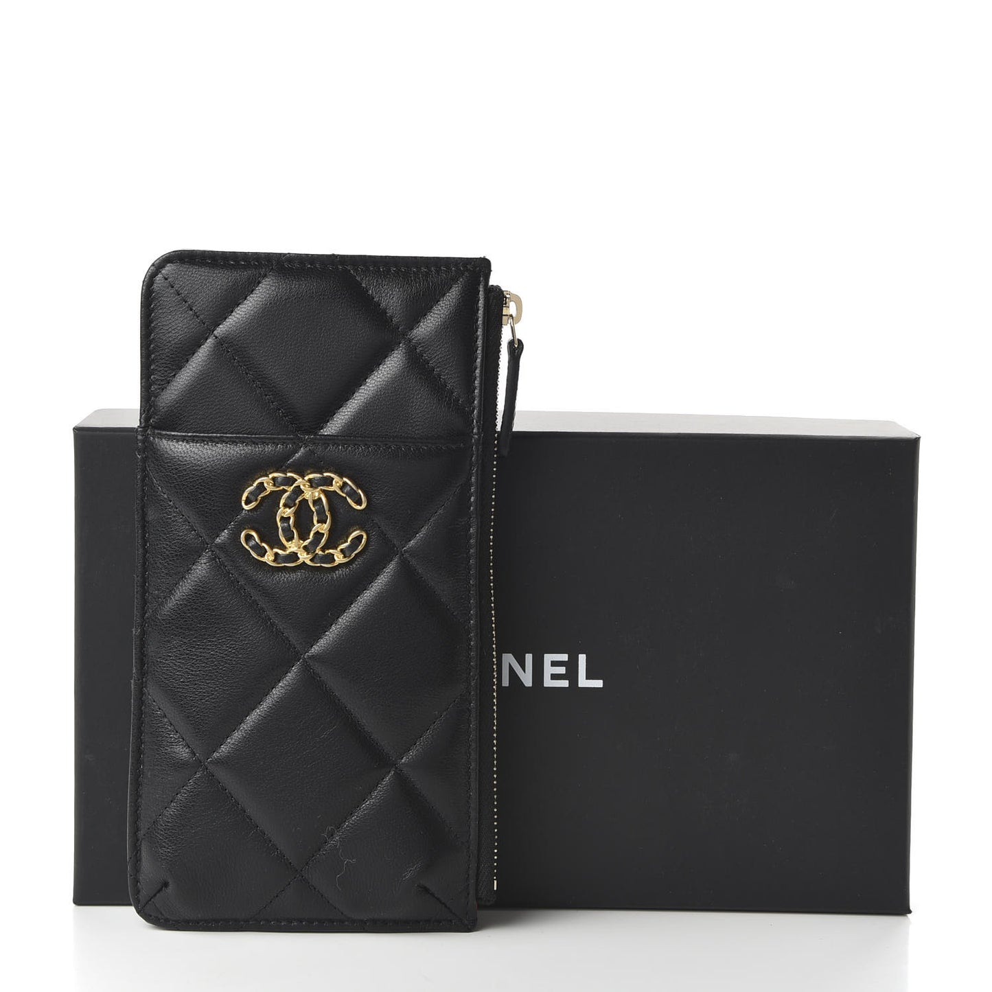 Shiny Goatskin Quilted 19 Flat Wallet Pouch Black