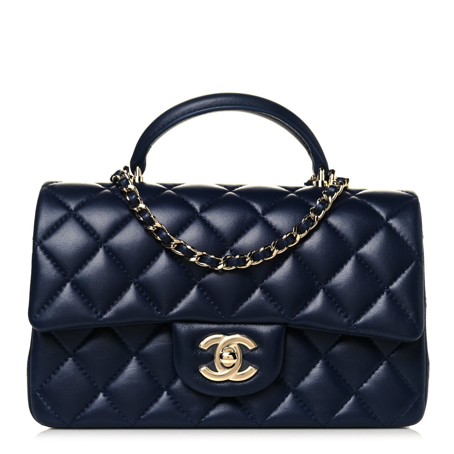 Lambskin Quilted Mini Top Handle Rectangular Flap Navy Blue