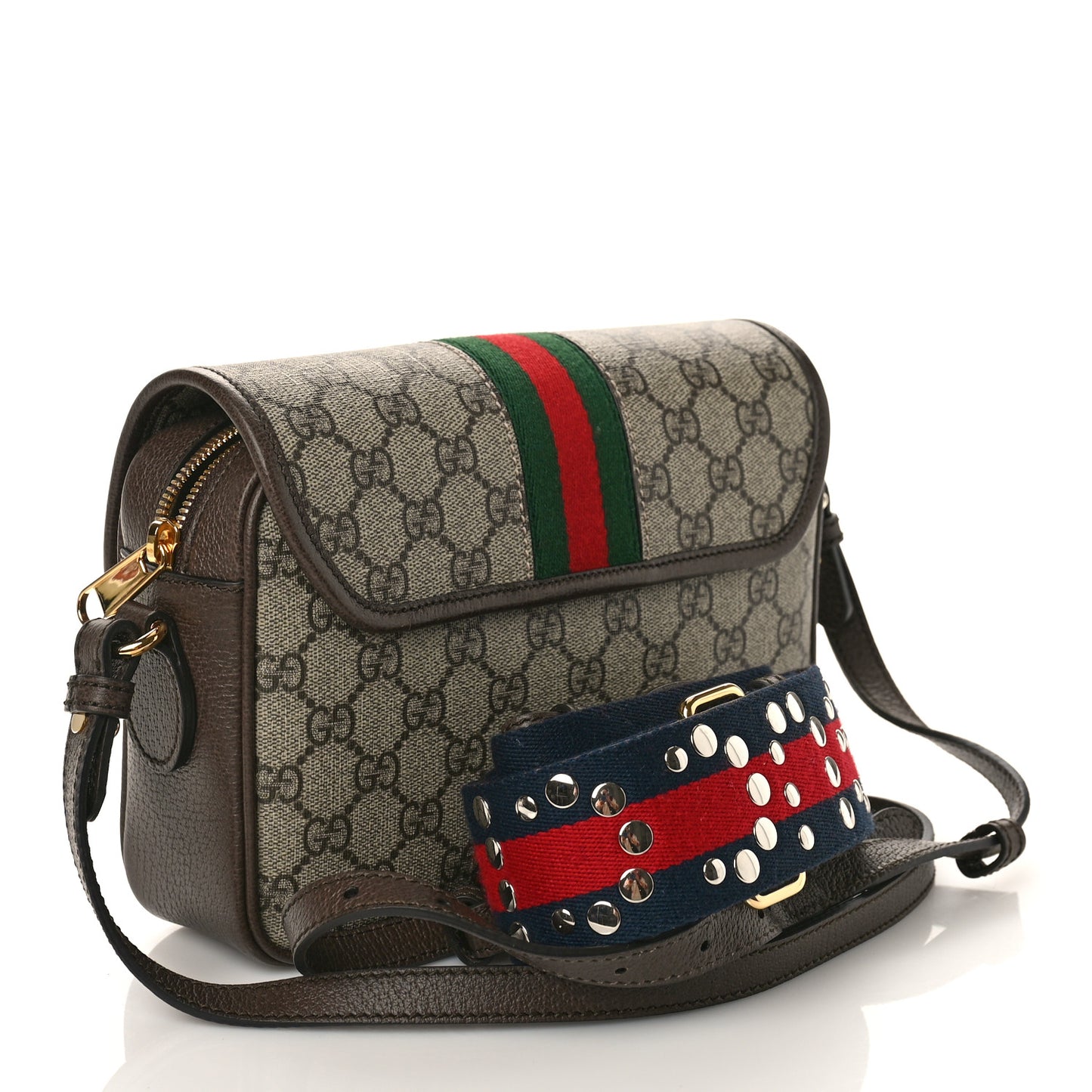 GG Supreme Monogram Textured Dollar Calfskin Web Studded Mini Ophidia Flap Shoulder Bag Beige Ebony New Acero
