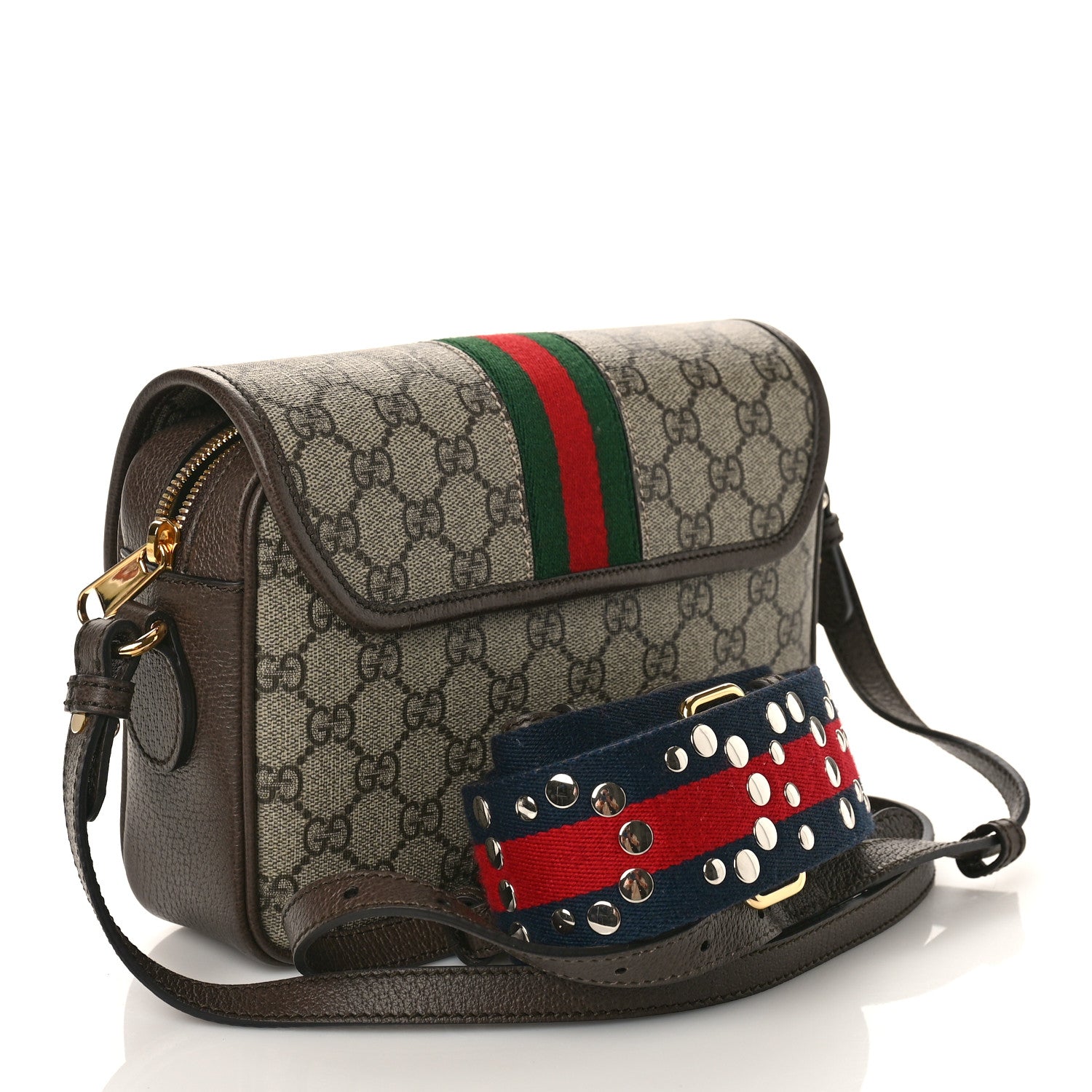 Gucci GG Supreme Monogram Textured Dollar Calfskin Web Studded Mini Ophidia Flap Shoulder Bag Beige Ebony New Acero 3 of 8