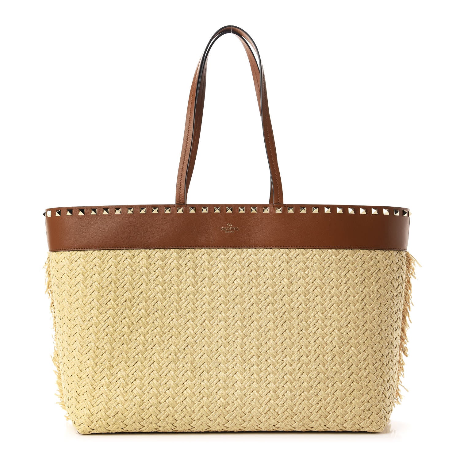 Valentino Garavani Raffia Calfskin Rockstud Shoulder Tote Naturale Saddle Brown 1 of 9