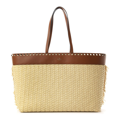 Valentino Garavani Raffia Calfskin Rockstud Shoulder Tote Naturale Saddle Brown 1 of 9