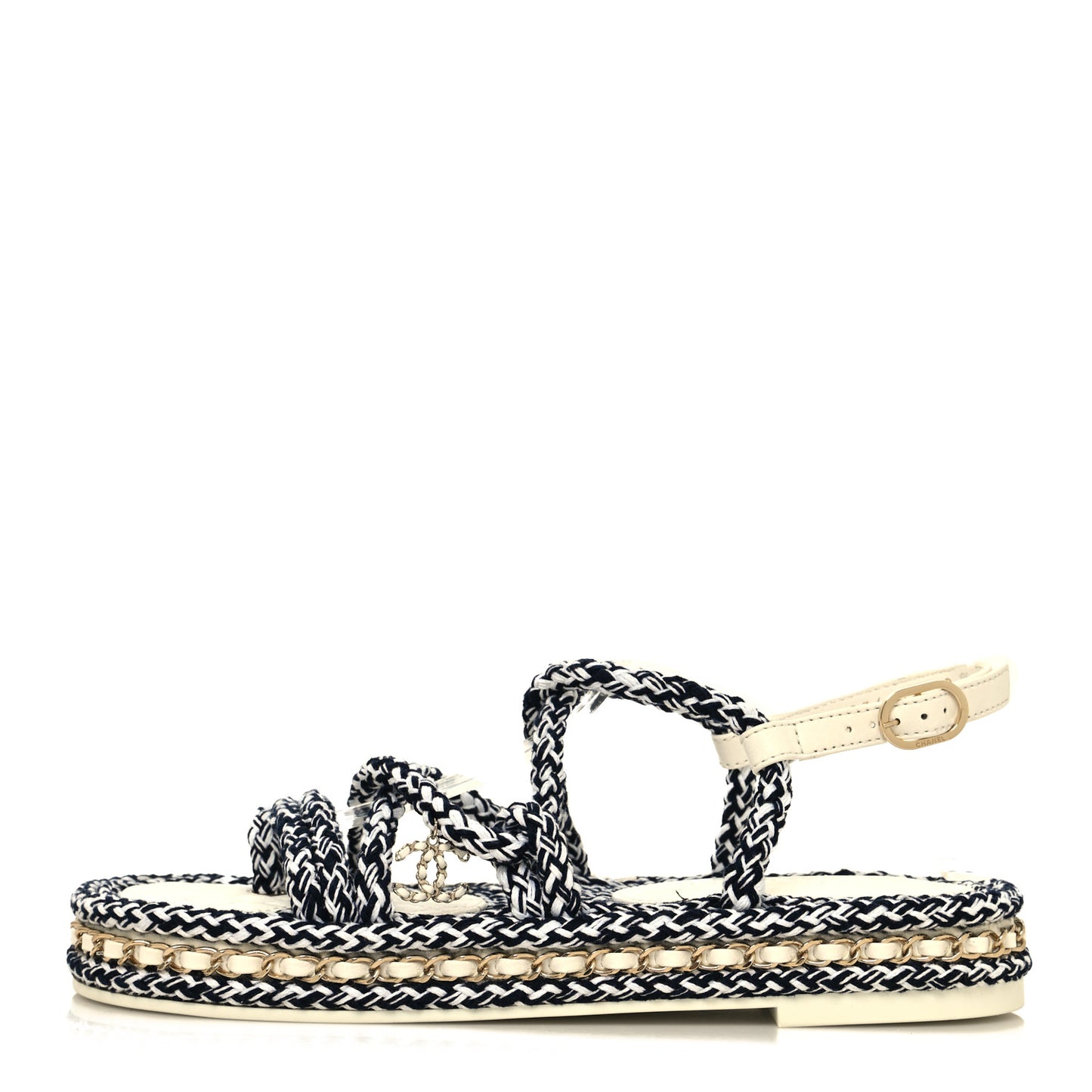 Lambskin Cord Chain CC Sandals 38 Navy White