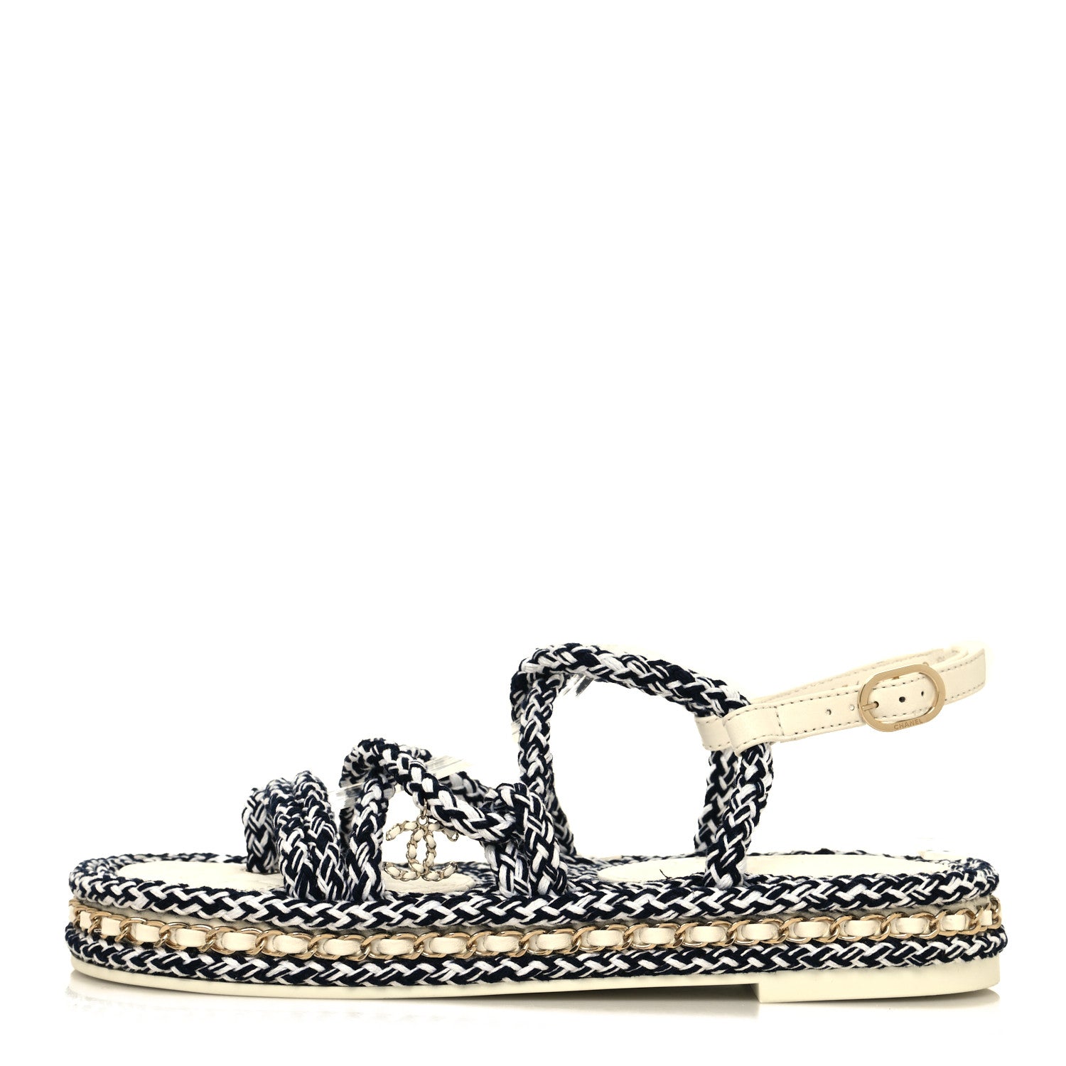 Chanel Lambskin Cord Chain CC Sandals 38 Navy White 1 of 8
