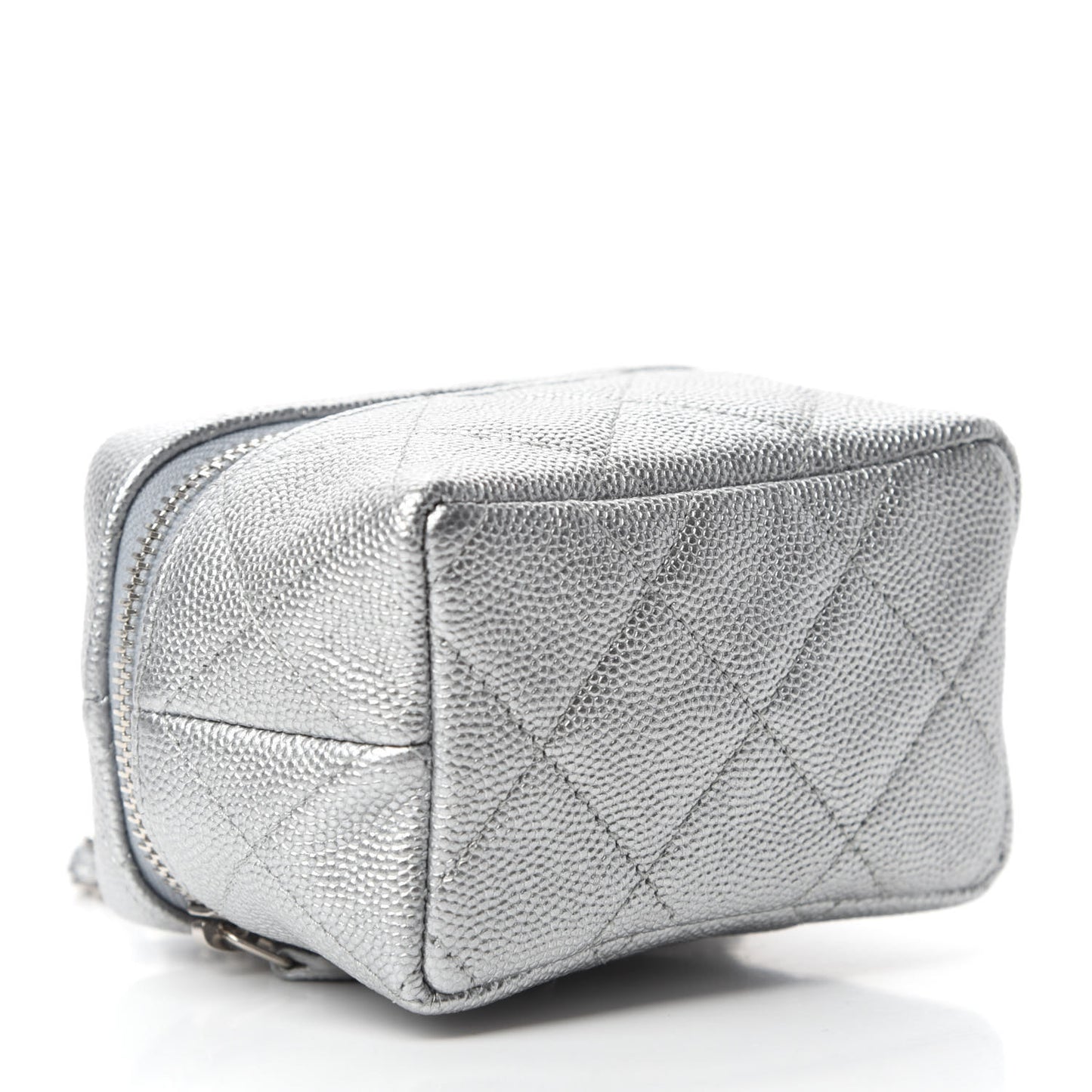 Metallic Caviar Quilted Mini Top Handle Vanity With Chain Silver