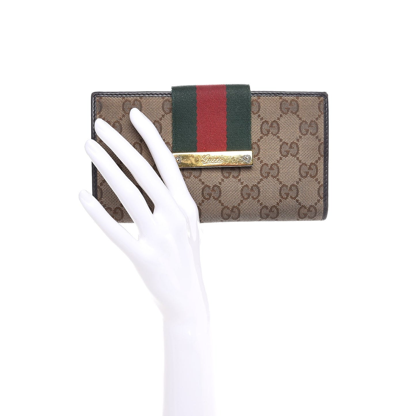Monogram Calfskin Ladies Web Continental Wallet Beige Ebony Cocoa