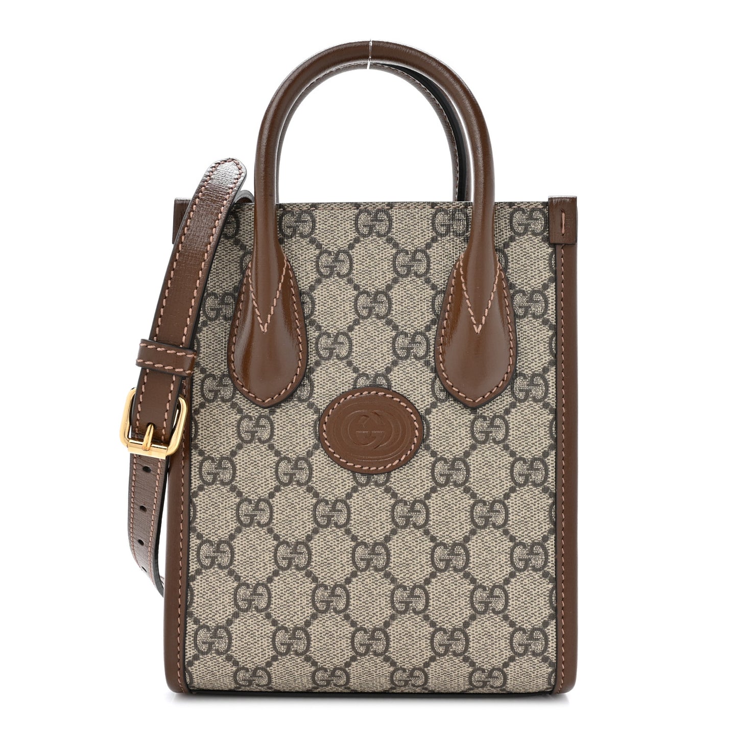 GG Supreme Monogram Azalea Calfskin Mini Retro Interlocking G Tote Bag Beige Ebony Brown Sugar