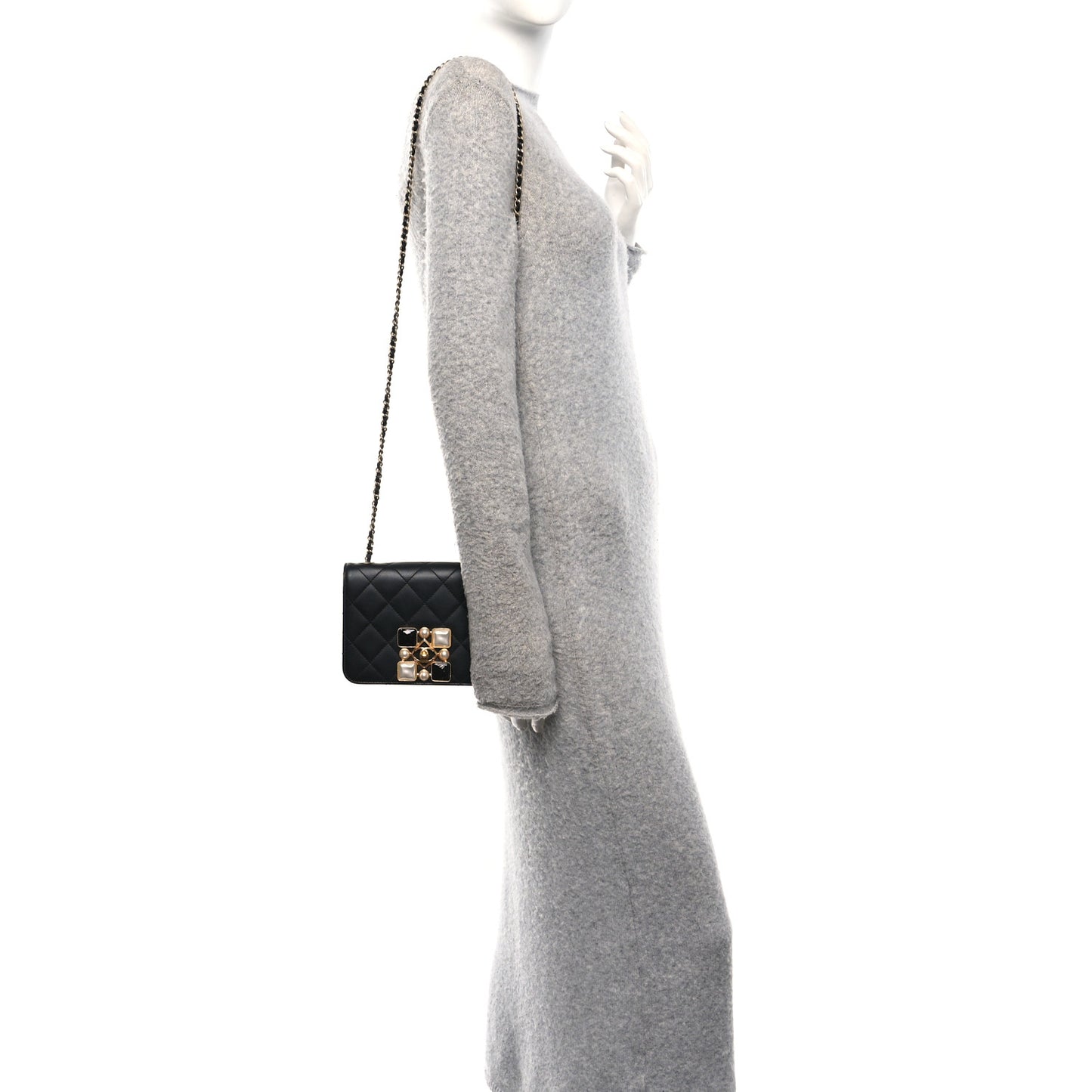 Calfskin Quilted Crystal Pearl Small Flap Bag Black