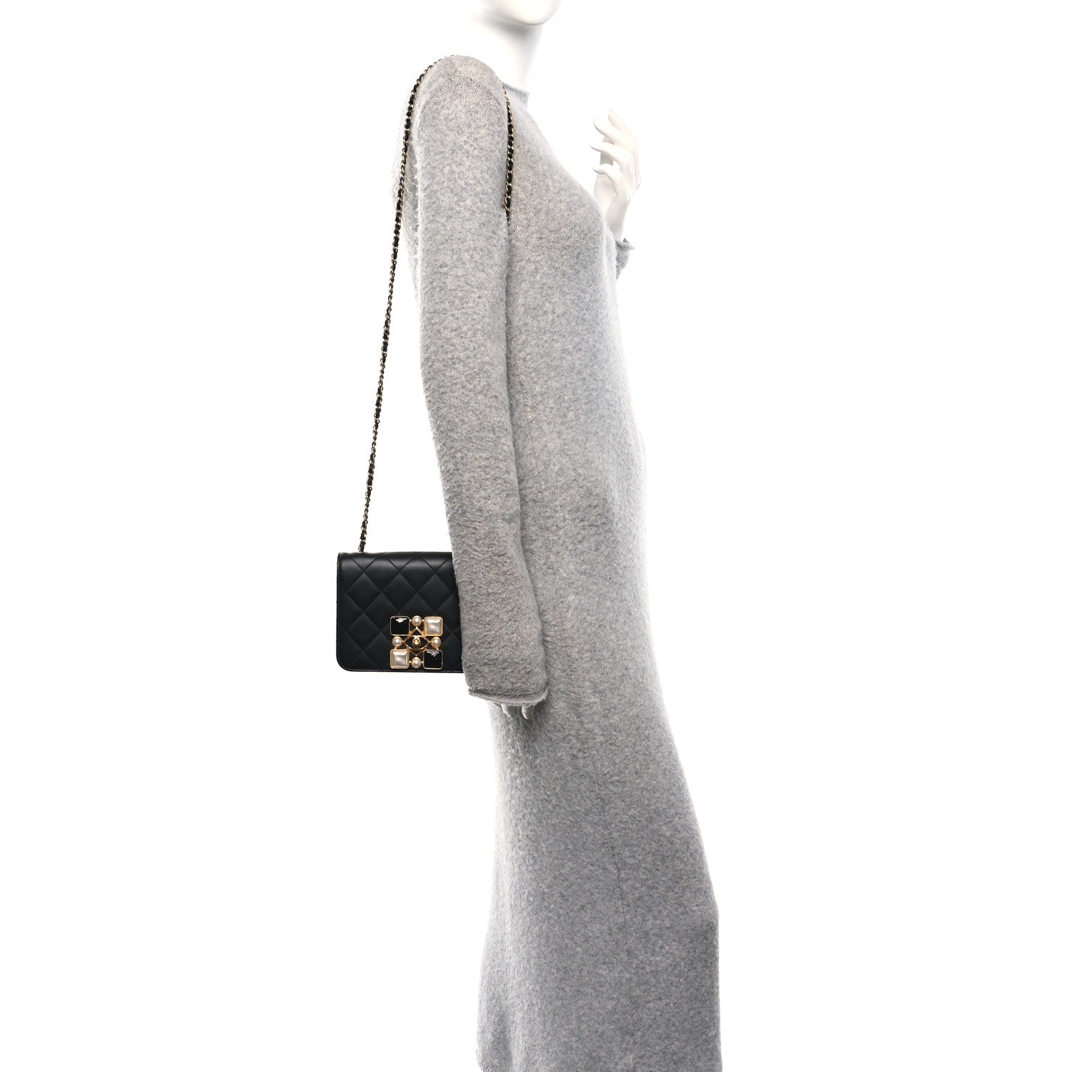 Chanel Calfskin Quilted Crystal Pearl Small Flap Bag Black 2 of 10