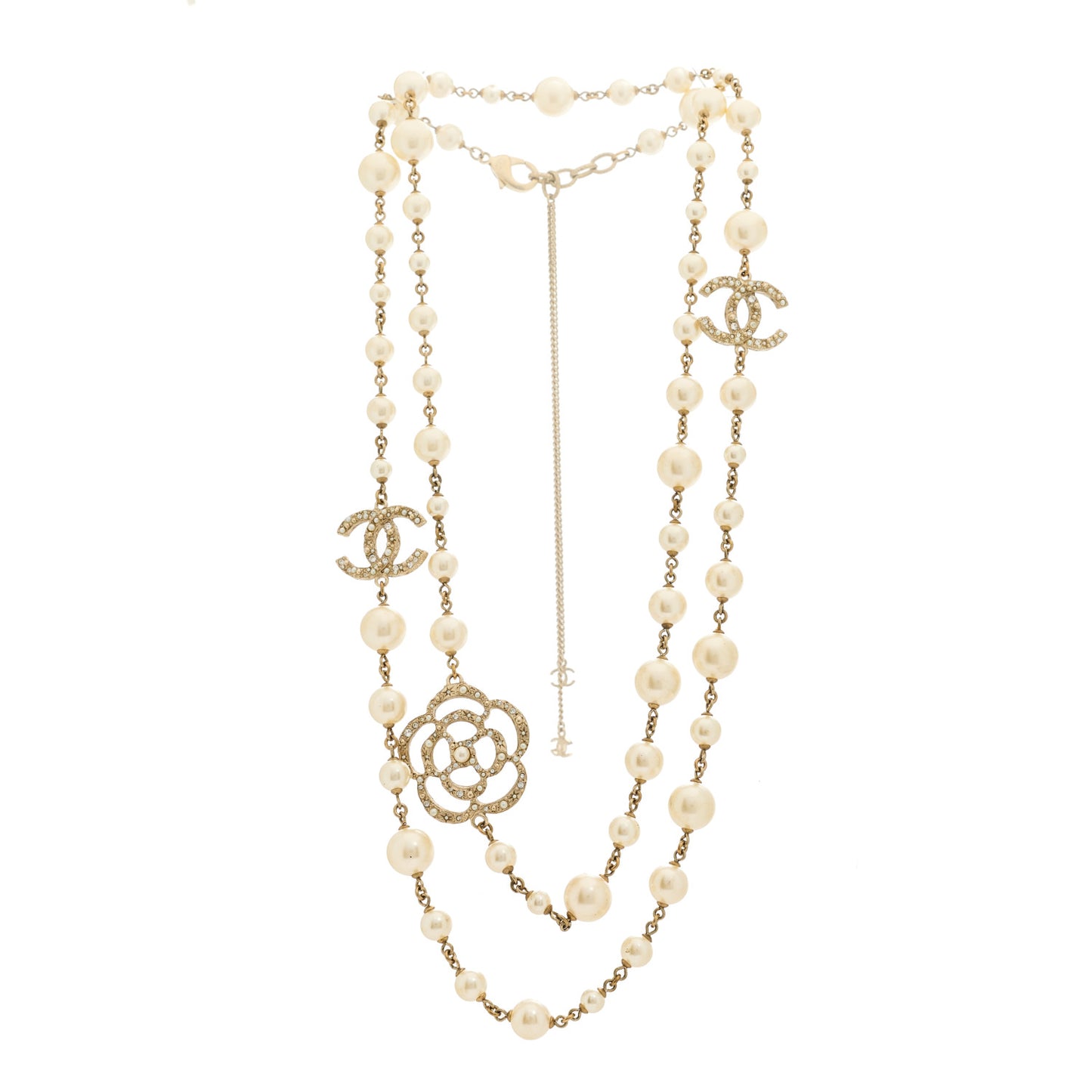 Pearl Crystal Camellia CC Necklace Gold