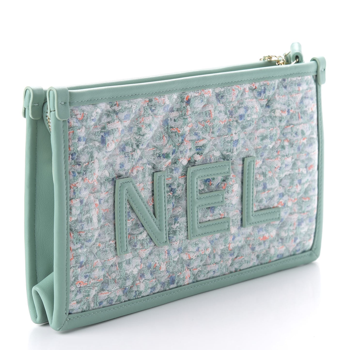 Tweed Lambskin PVC Quilted Wristlet Pouch Green