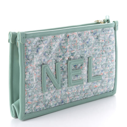 Chanel Tweed Lambskin PVC Quilted Wristlet Pouch Green 3 of 10