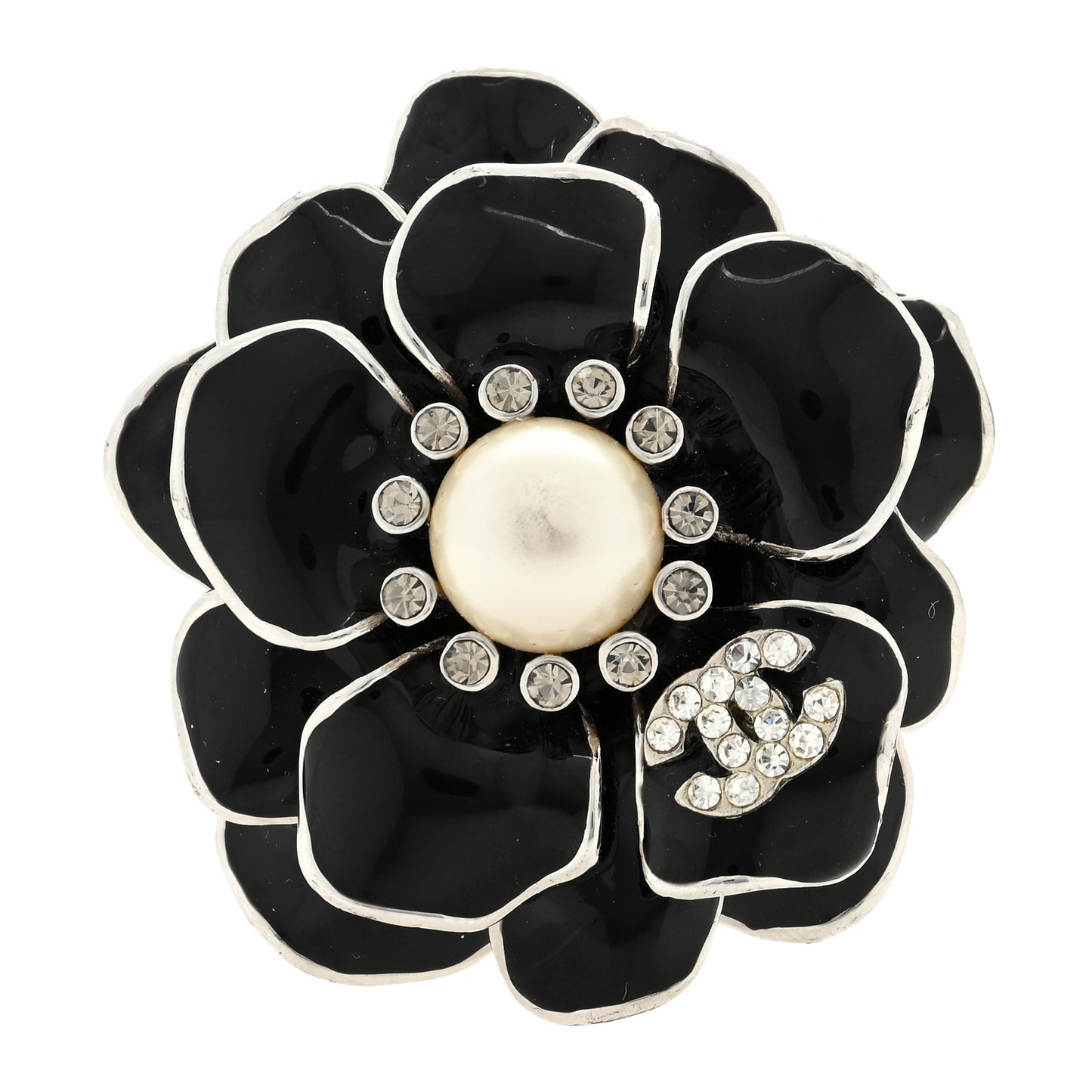 Resin Pearl Crystal CC Camellia Pin Brooch Black Silver