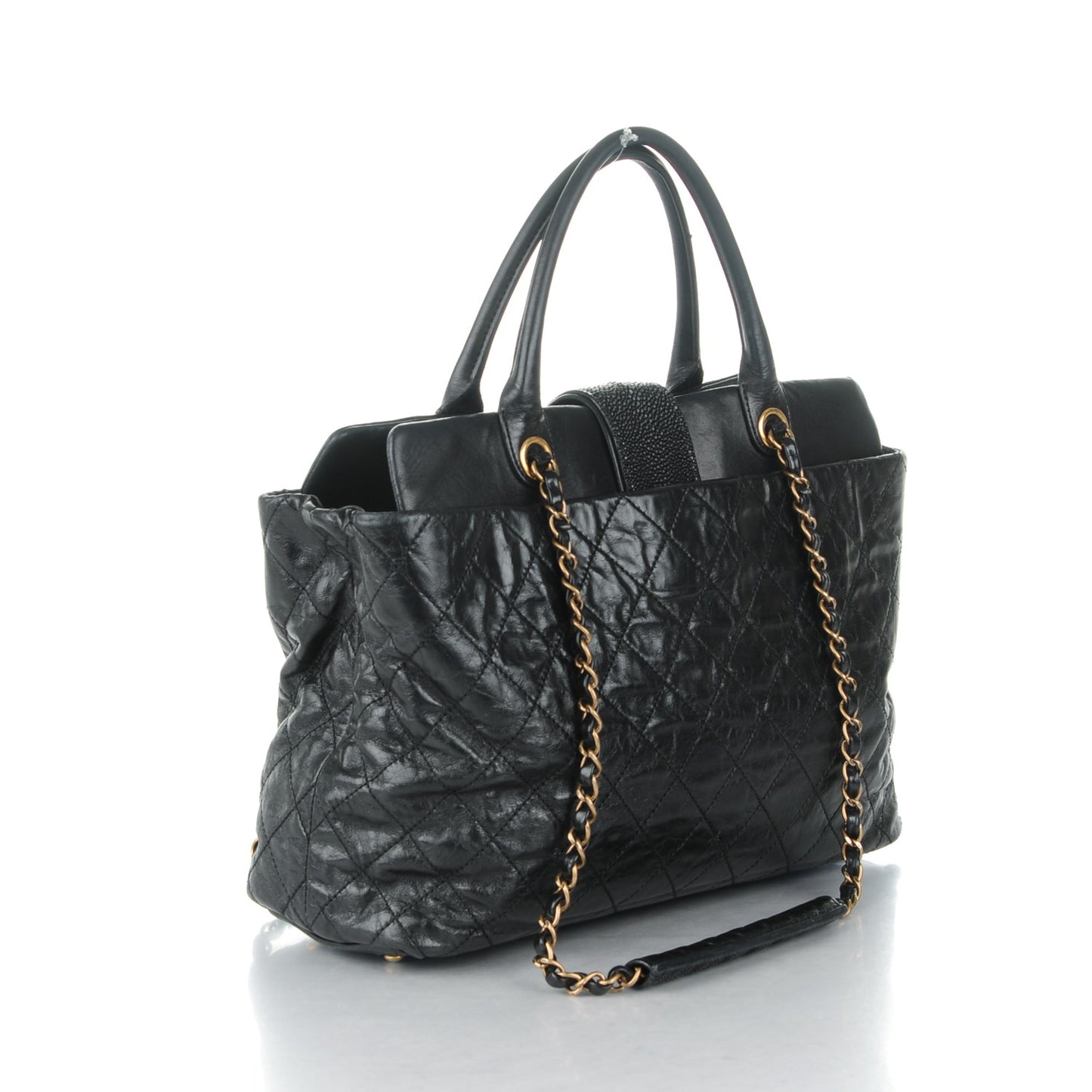 Glazed Calfskin Stingray Large Bindi CC Tote Black
