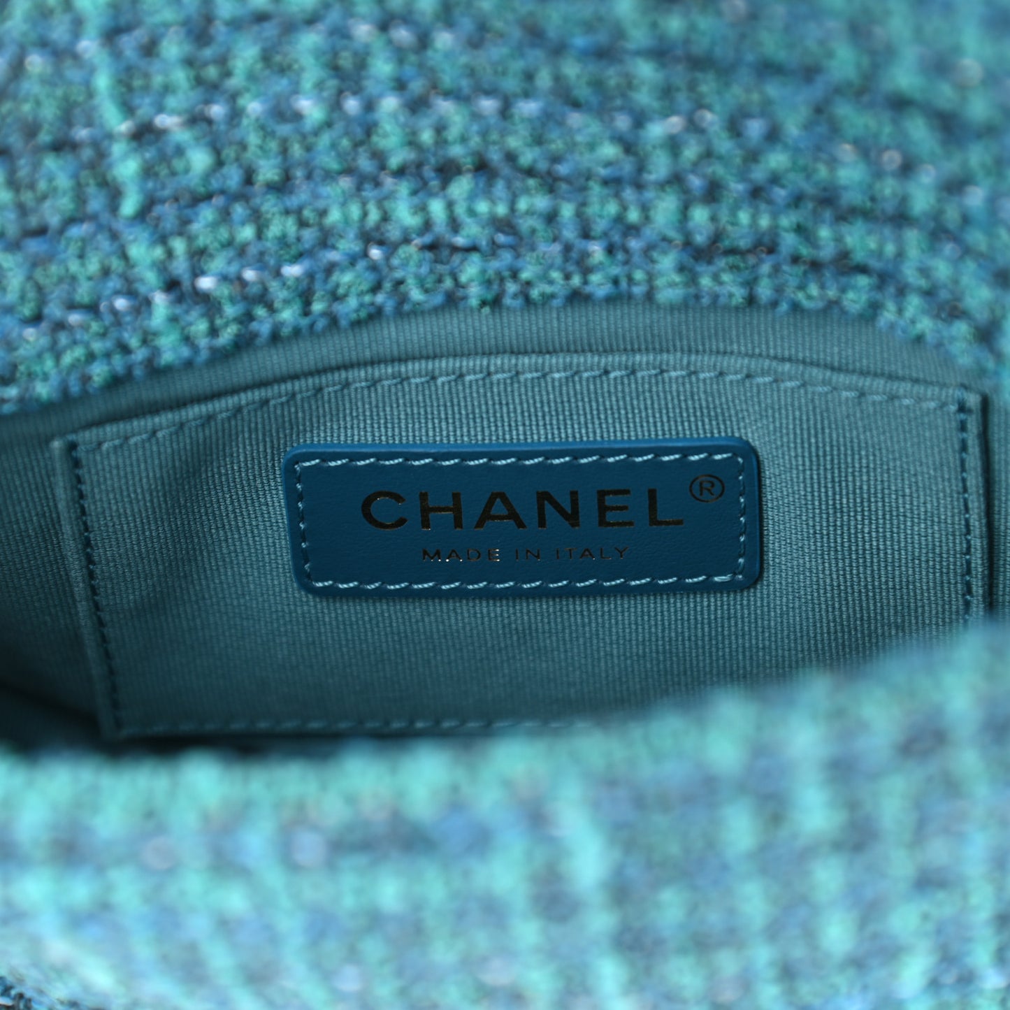 Tweed Enamel Quilted Pending CC Mini Square Flap Blue Green