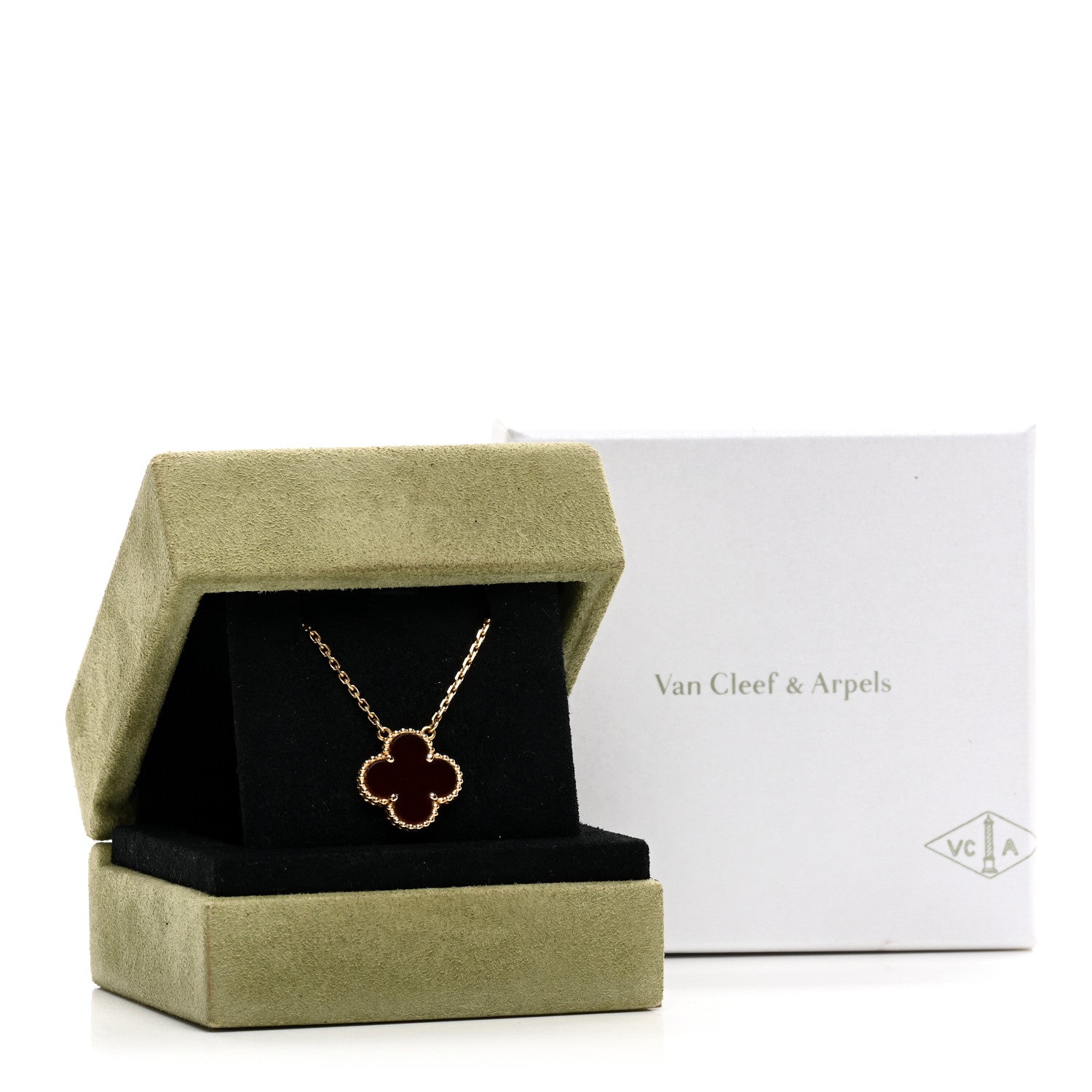 Van Cleef & Arpels 18K Yellow Gold Carnelian Vintage Alhambra Pendant Necklace 6 of 6