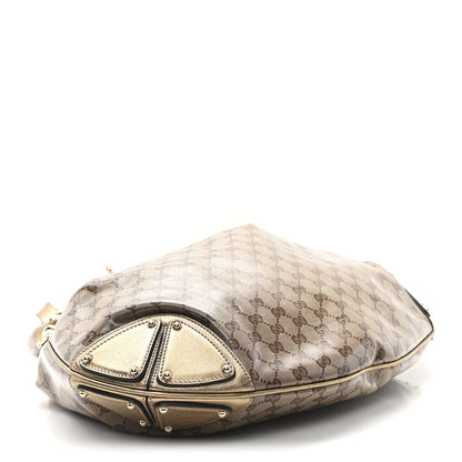 Gucci Crystal Monogram Metallic Calfskin Large Indy Top Handle Bag Beige Ebony Gold 4 of 10