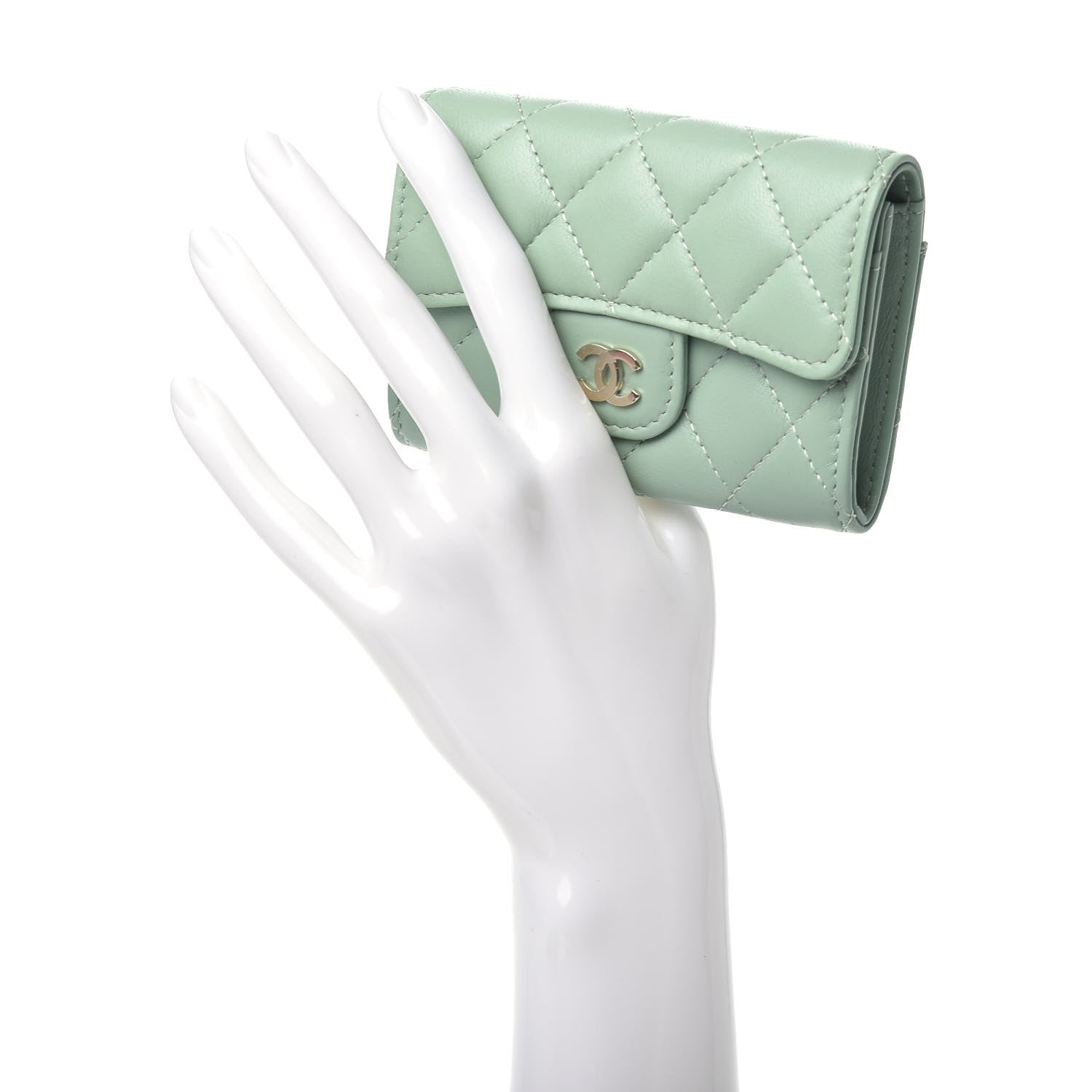 Chanel Lambskin Quilted Flap Card Holder Wallet Green 2 of 8