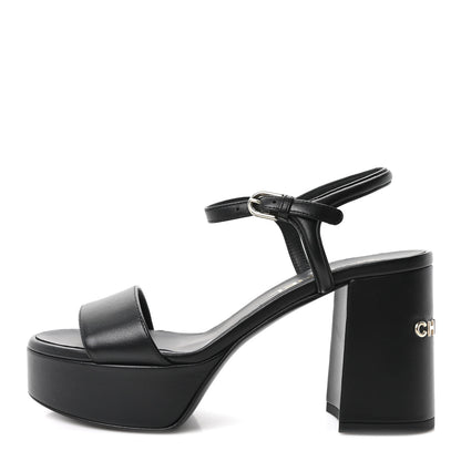 Chanel Lambskin Logo Platform Sandals 37 Black 1 of 10