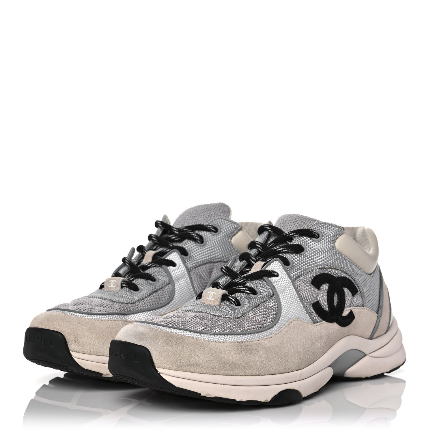 Chanel Nylon Calfskin Suede Womens CC Sneakers 41 Grey White Pink 3 of 9