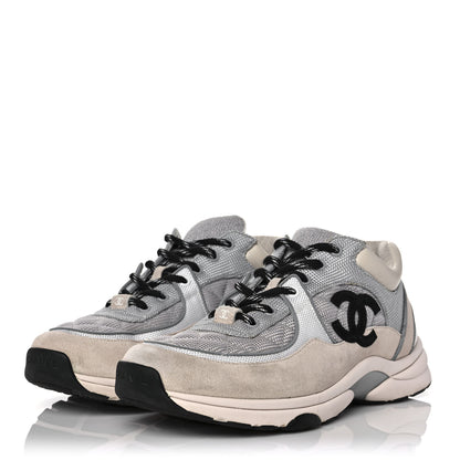 Chanel Nylon Calfskin Suede Womens CC Sneakers 41 Grey White Pink 3 of 9