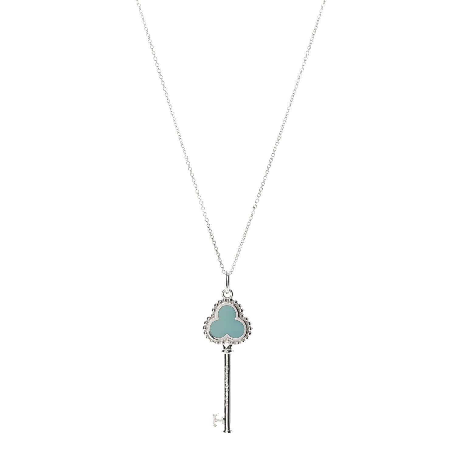 Tiffany Sterling Silver Enamel Beaded Trefoil Key Pendant Necklace Blue 1 of 7